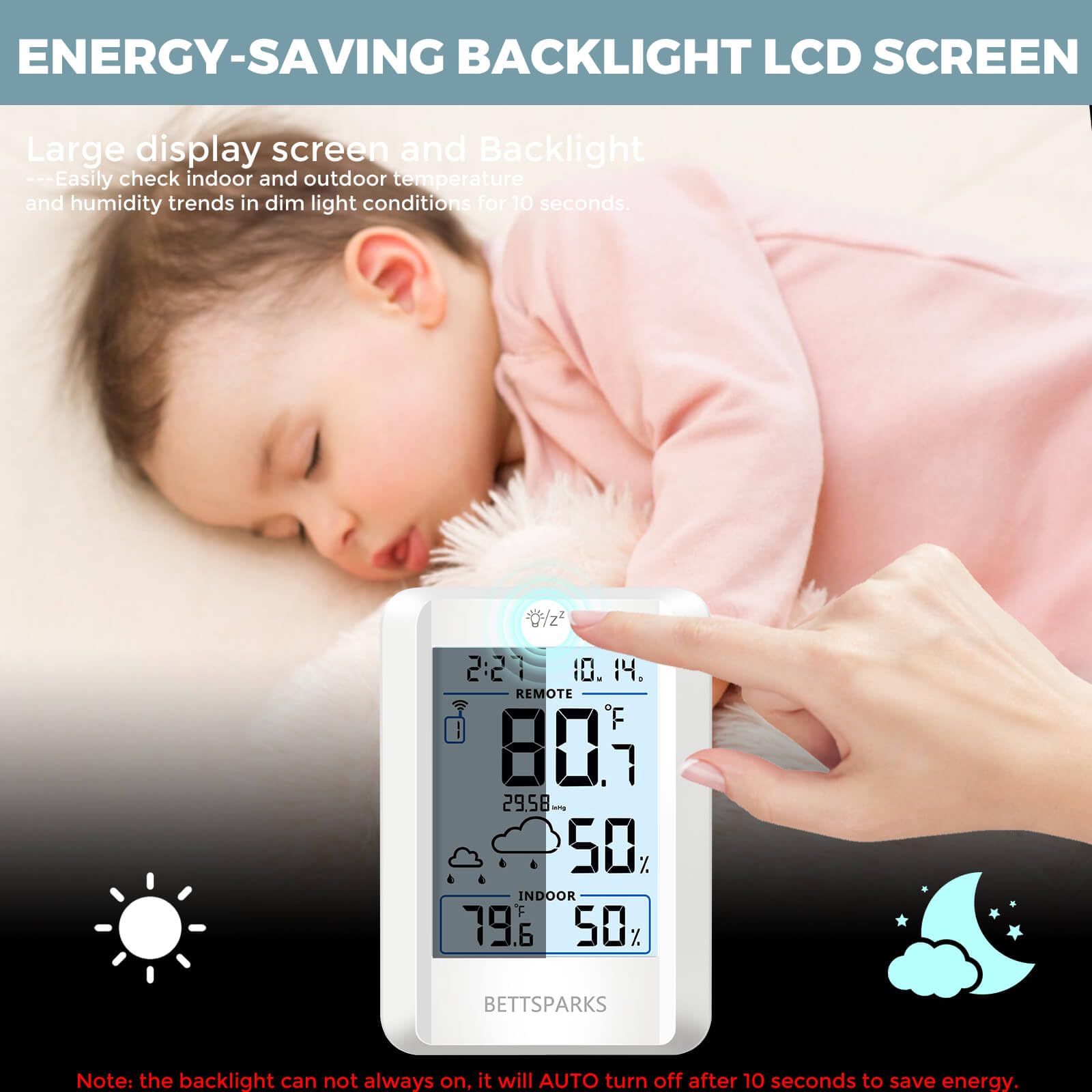 Bettsparks digital thermometer and hygrometer providing real-time readings.