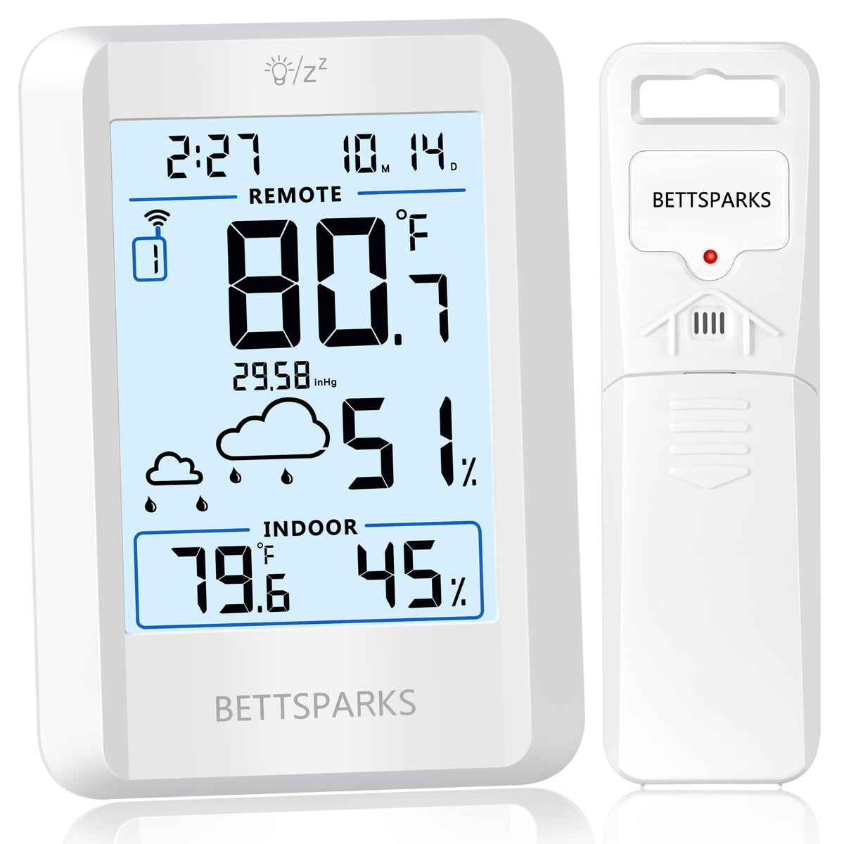 Bettsparks indoor-outdoor thermometer display with large digits for easy reading.