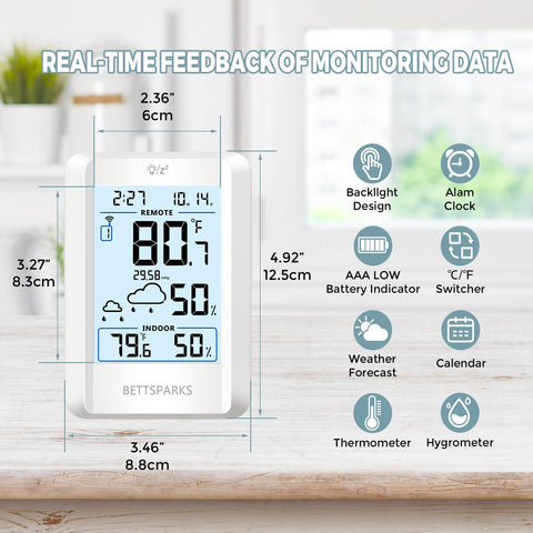 Bettsparks weather station showing clock and backlight for night visibility.