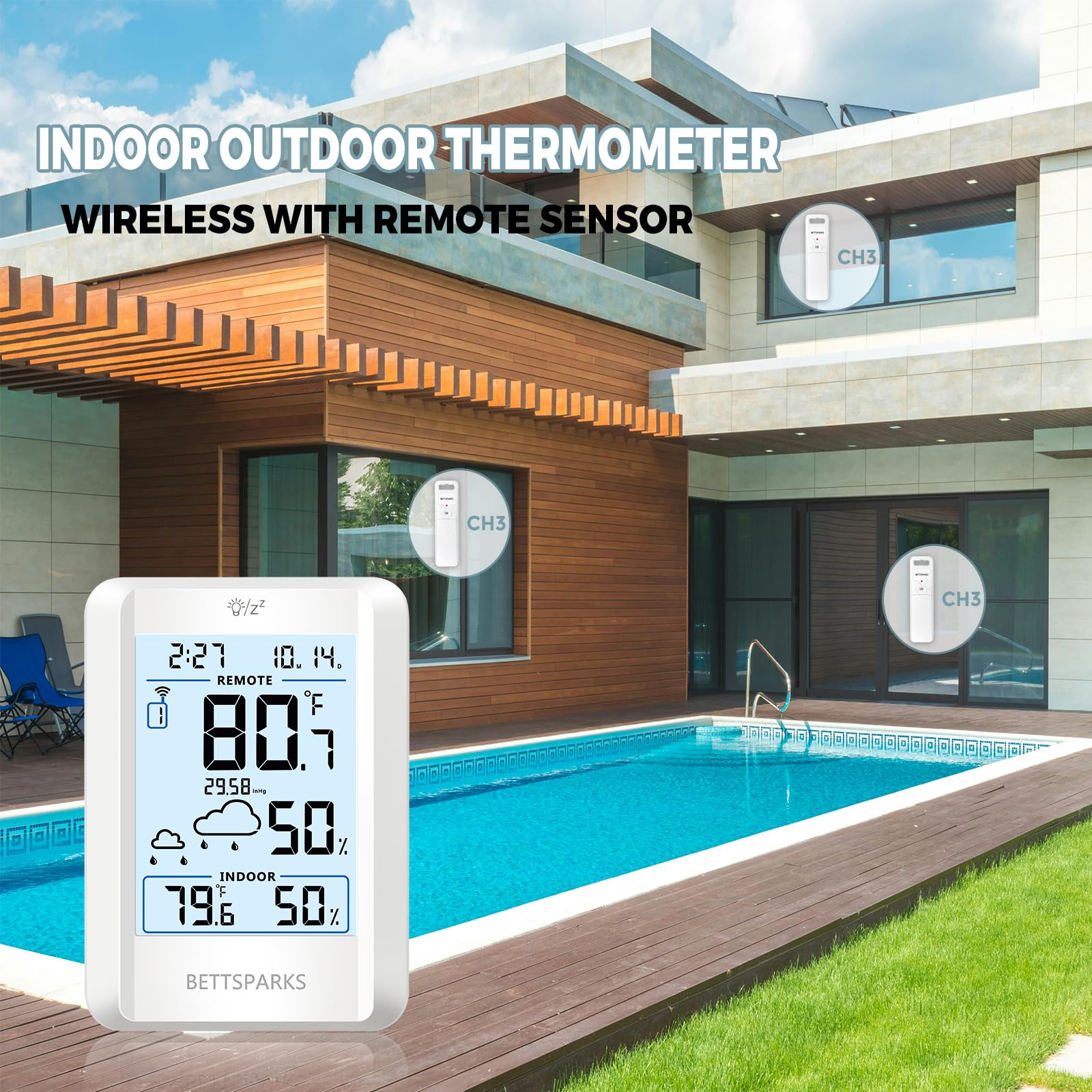 Bettsparks wireless outdoor sensor pair monitoring temperature and humidity remotely.