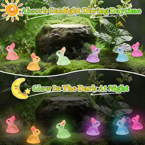 BETURETOP glow-in-dark bunny ornaments brighten potted plants and shelves.