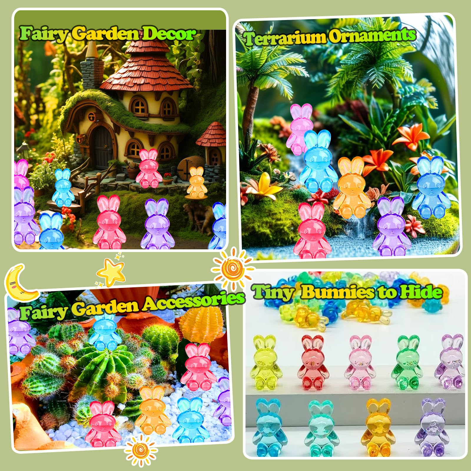 Beturetop mini rabbits in playful hues to enhance fairy garden scenes.