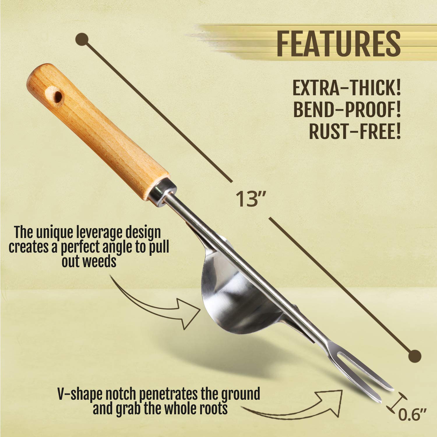 Betus Manual Hand Weeder featuring leverage angle design for deep soil reach