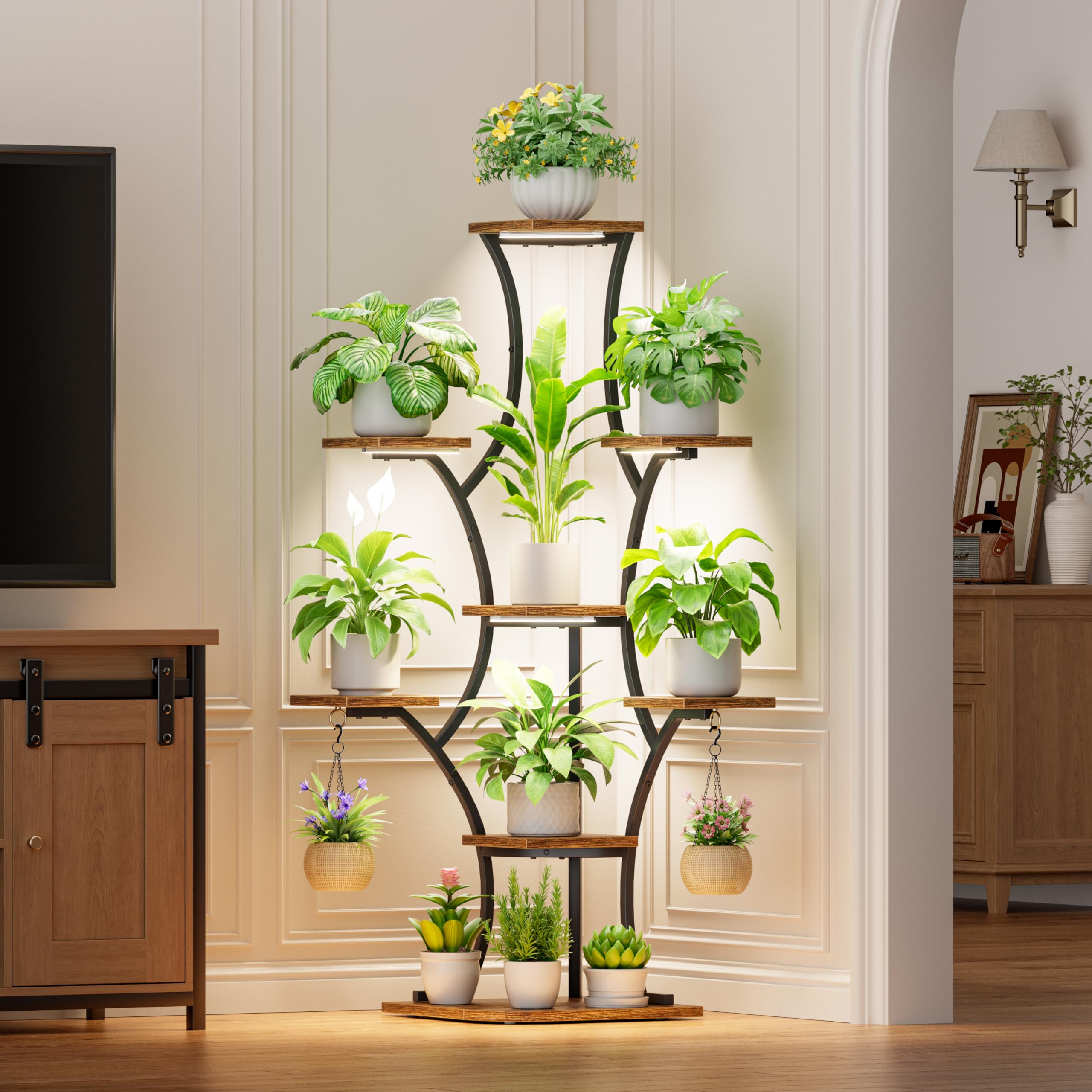 BEVAURORA corner plant stand with grow lights, rust-resistant frame for longevity