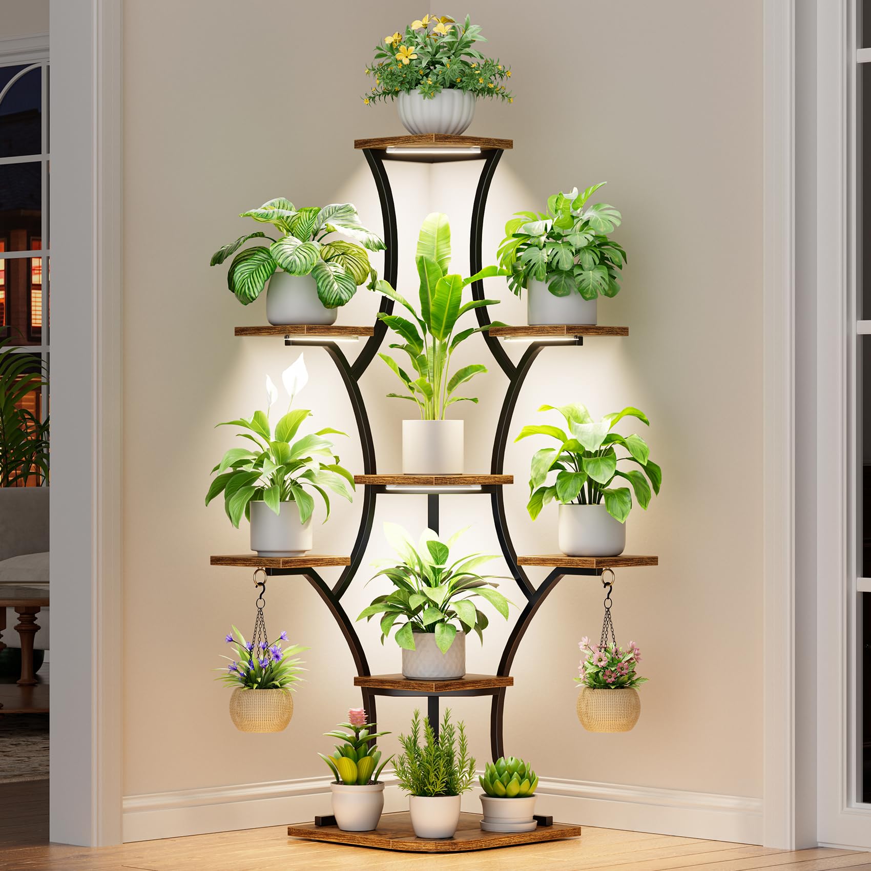 BEVAURORA corner plant stand with grow lights, front view, showing bright, space-saving display