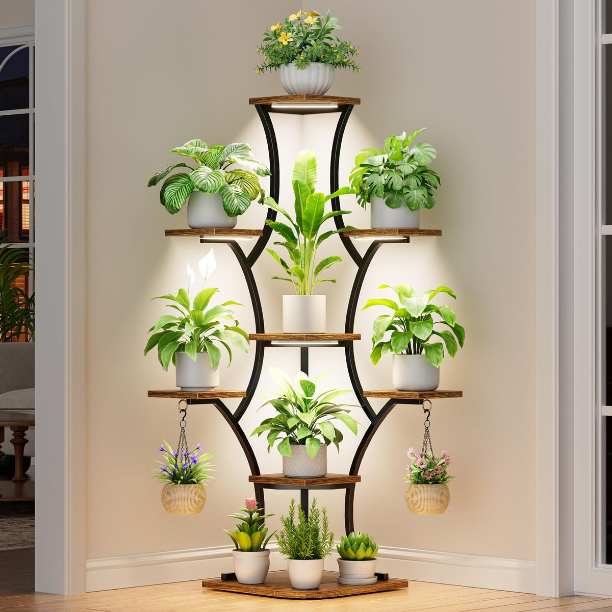 BEVAURORA corner plant stand with grow lights, front view, showing bright, space-saving display