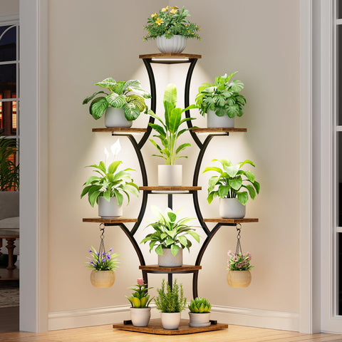 BEVAURORA corner plant stand with grow lights, front view, showing bright, space-saving display