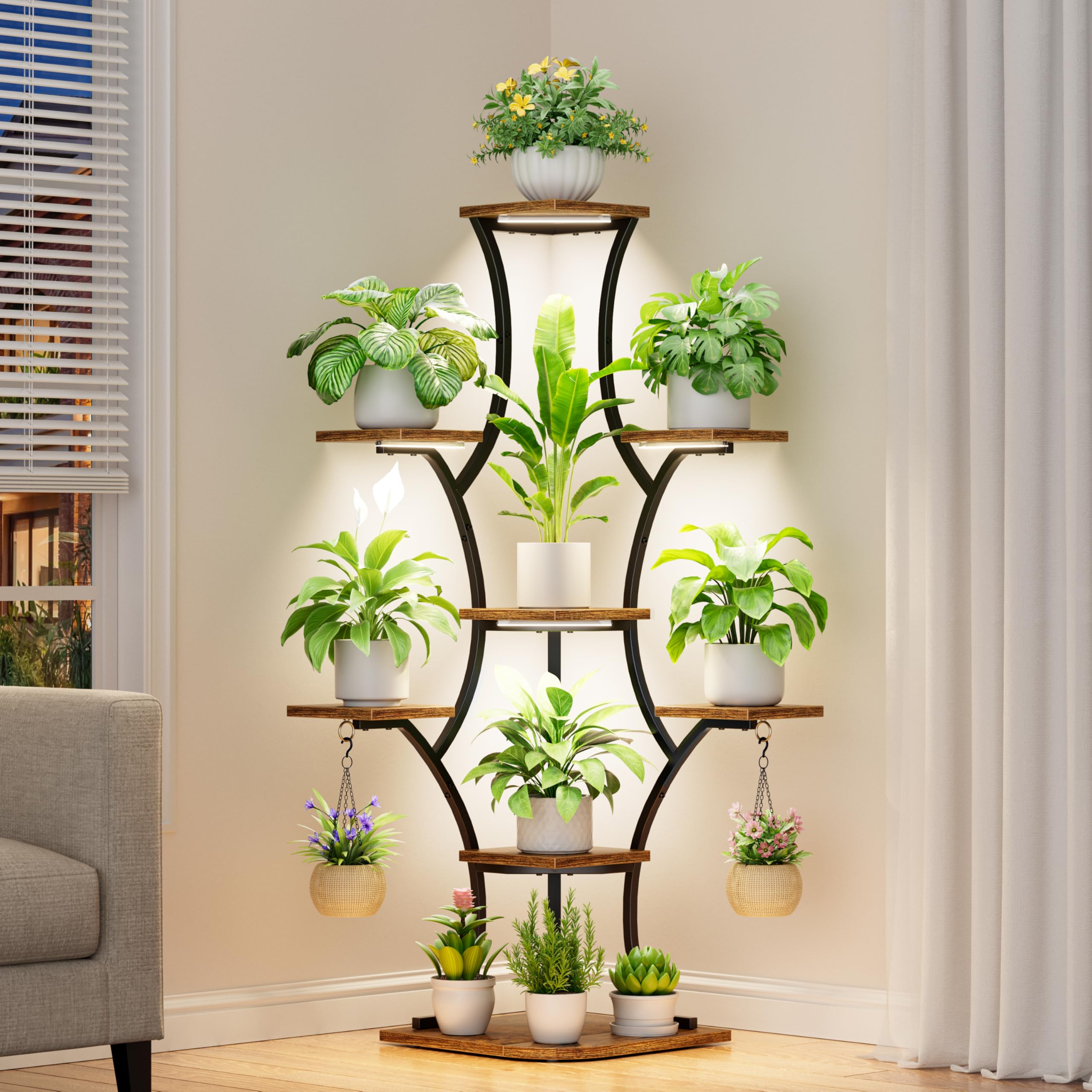 BEVAURORA corner plant stand with grow lights, rust-resistant frame close-up