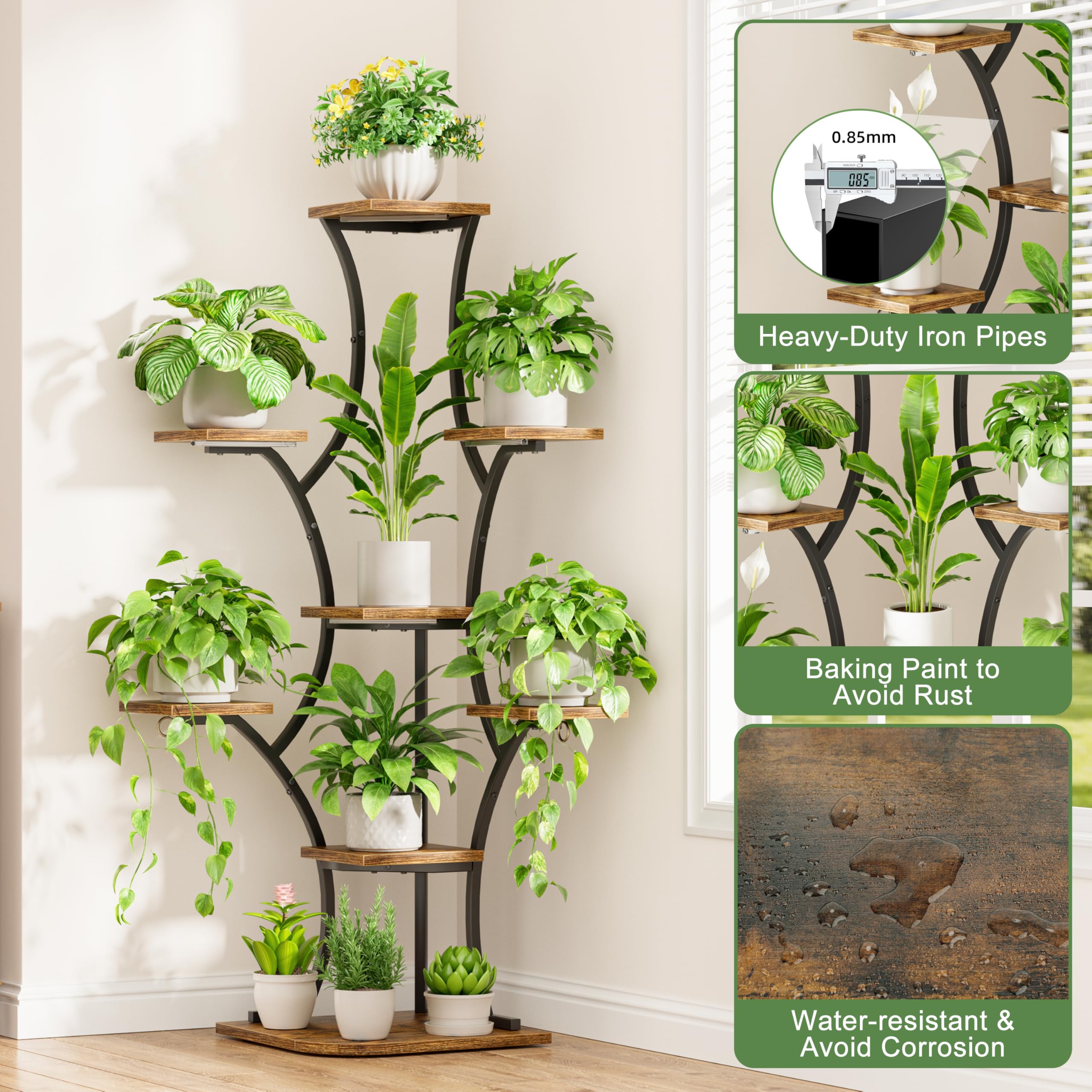 BEVAURORA corner plant stand with grow lights, wood boards detail and moisture resistance