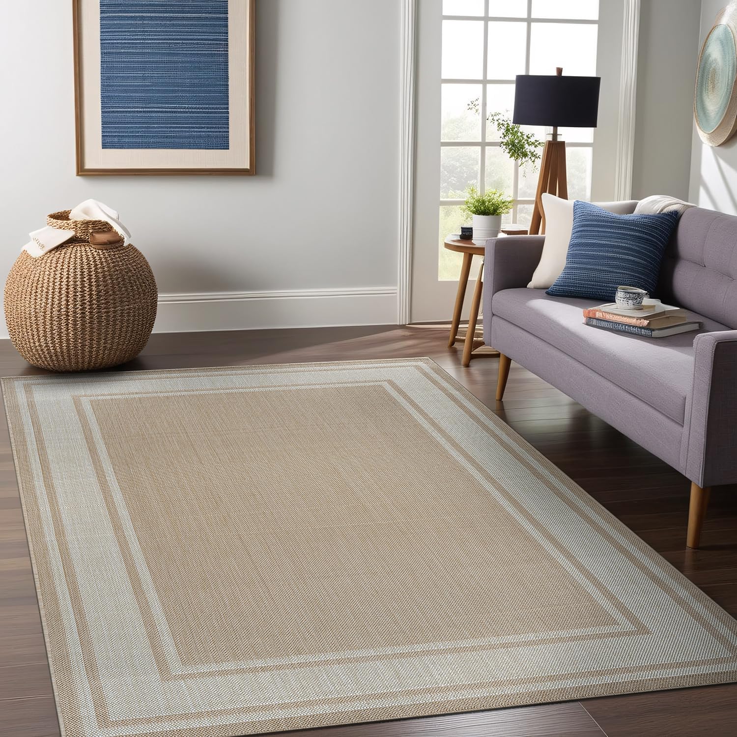 Beverly Rug indoor-outdoor use from living room to patio with border detail