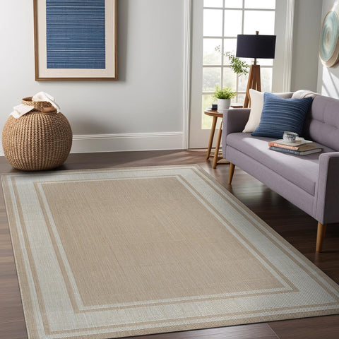 Beverly Rug indoor-outdoor use from living room to patio with border detail