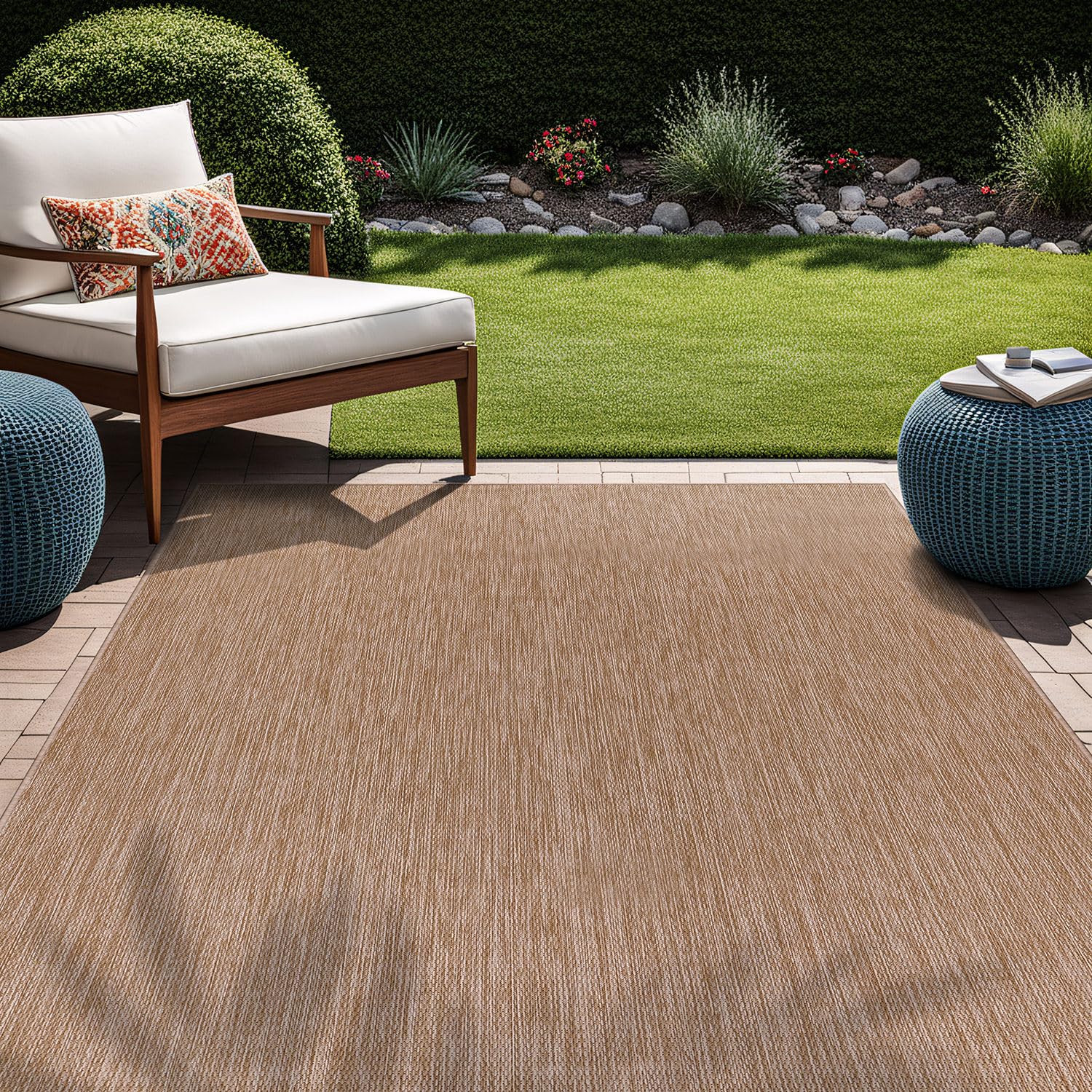 Beverly Rug easy-clean outdoor carpet, hose-off for deep cleaning.