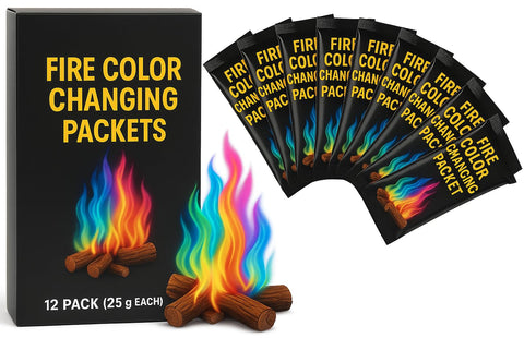 Bexter Magic Campfire packets illuminate backyard flames with colorful, captivating hues.