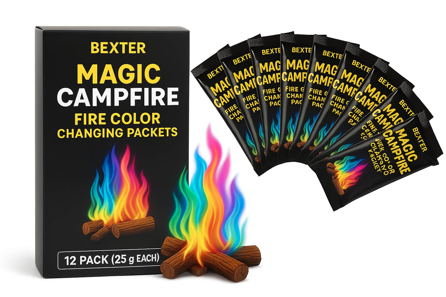 Bexter campfire color packets offer safe, mess-free color for any wood fire.