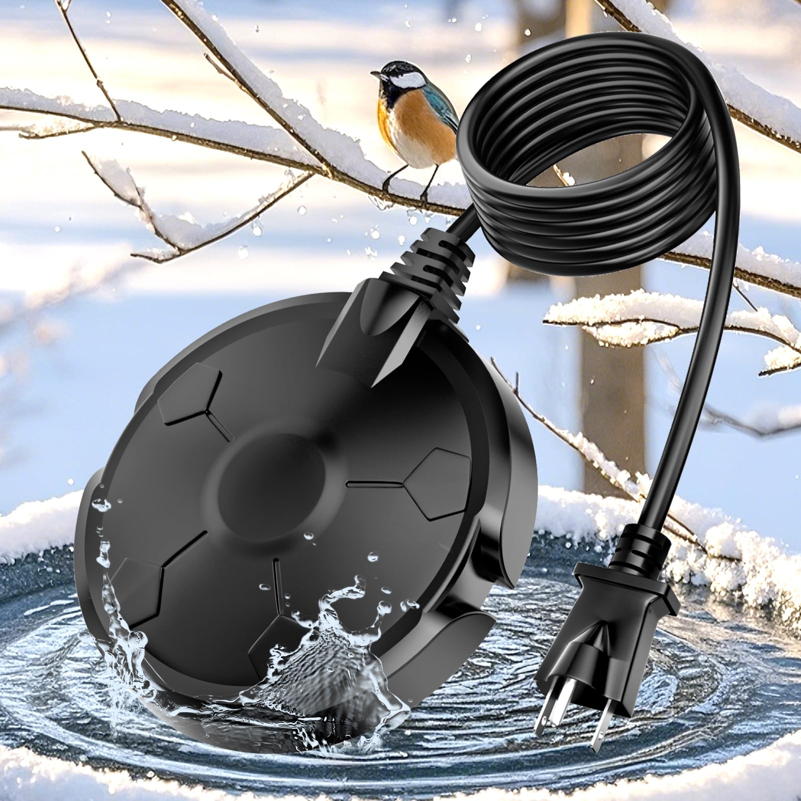 Beyoogeem birdbath heater in a snowy yard keeps water unfrozen for visiting birds.
