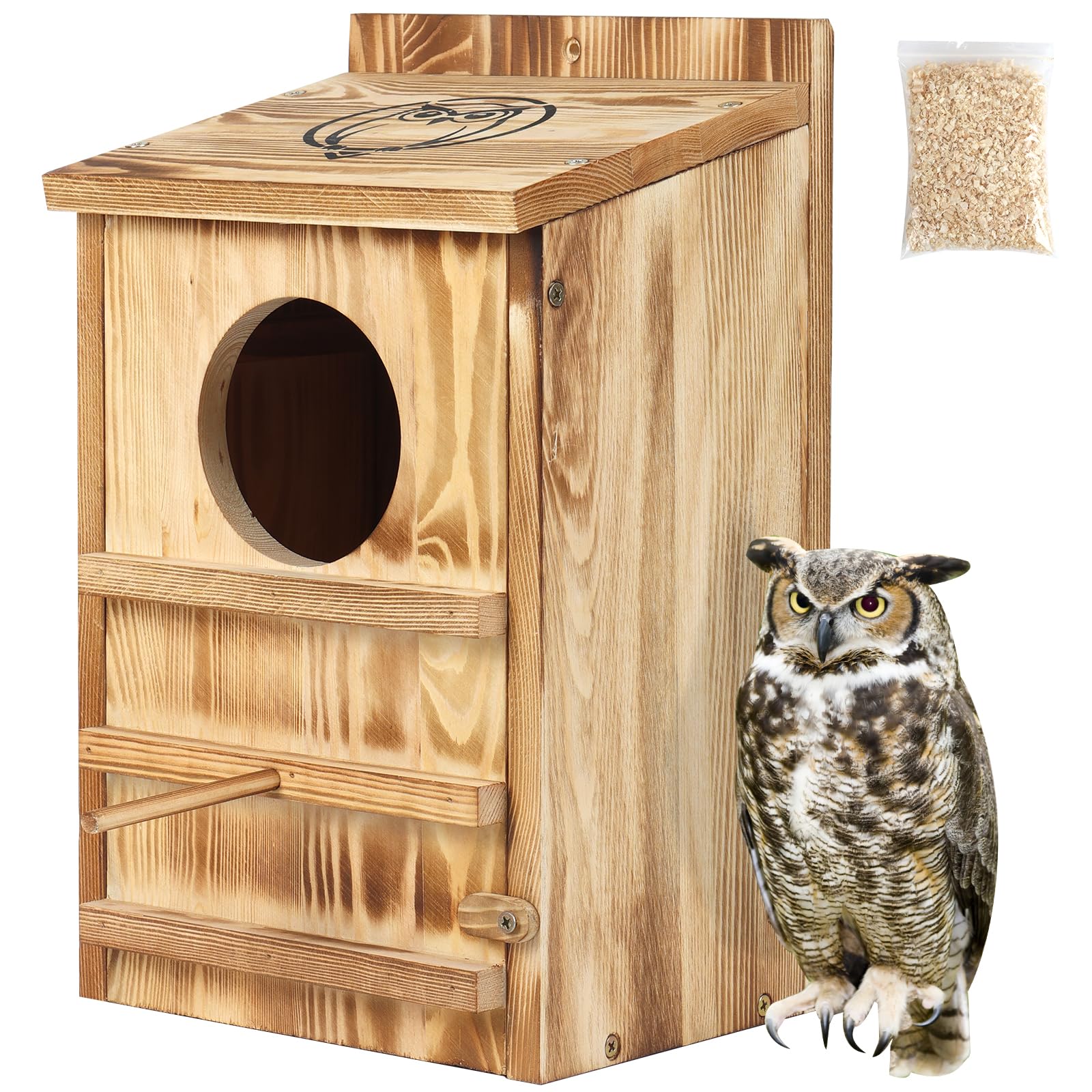 BFAZKXY Owl House outdoor front view shows durable pine construction.