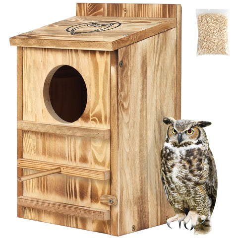 BFAZKXY Owl House outdoor front view shows durable pine construction.