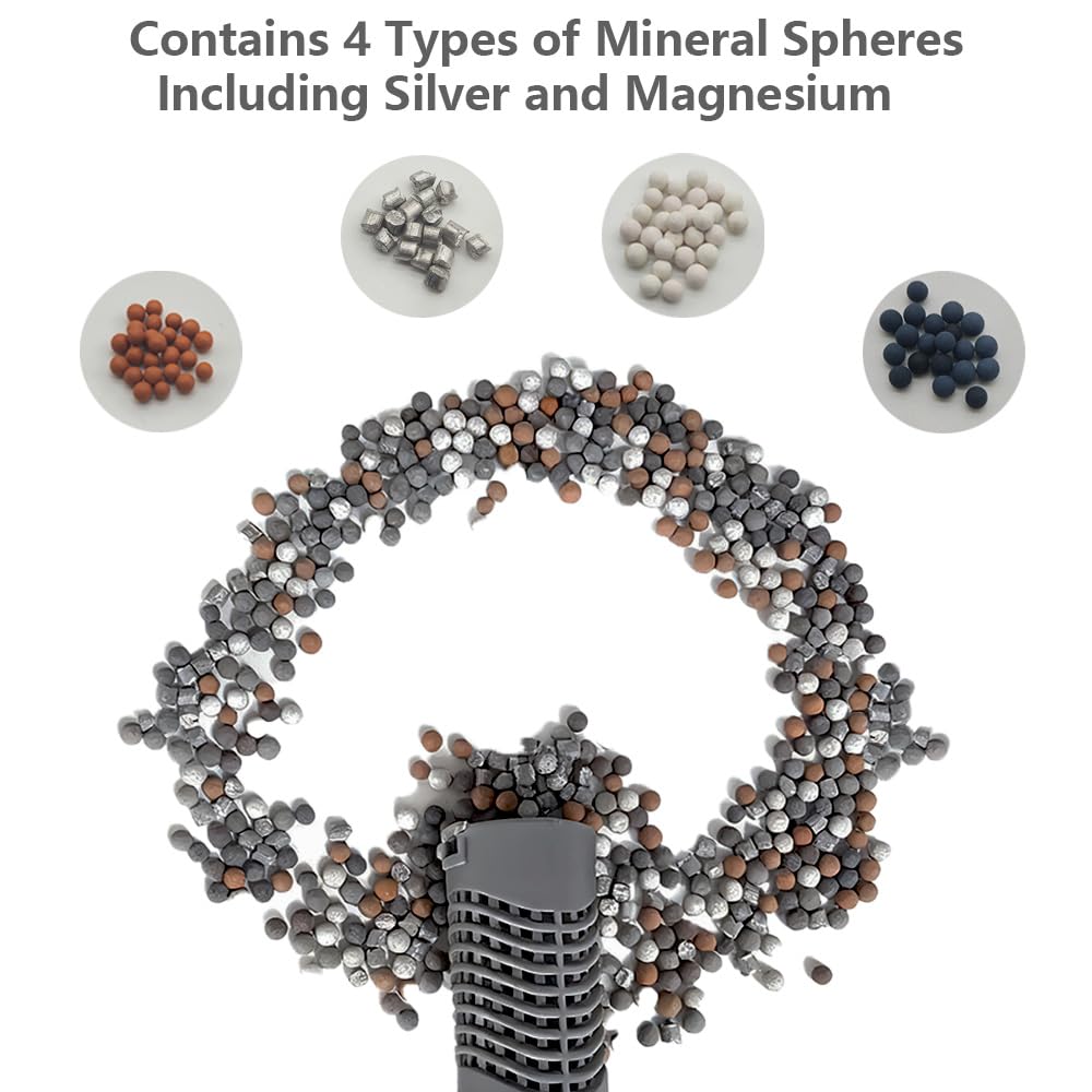 BFJOG mineral filtration balls and activated carbon close-up suggesting multi-layer purification.