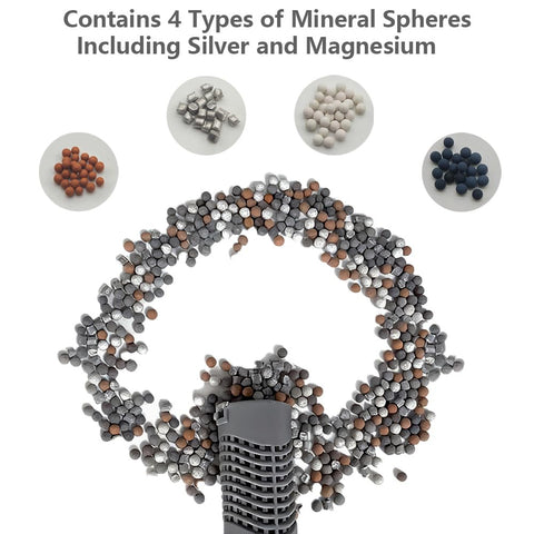 BFJOG mineral filtration balls and activated carbon close-up suggesting multi-layer purification.