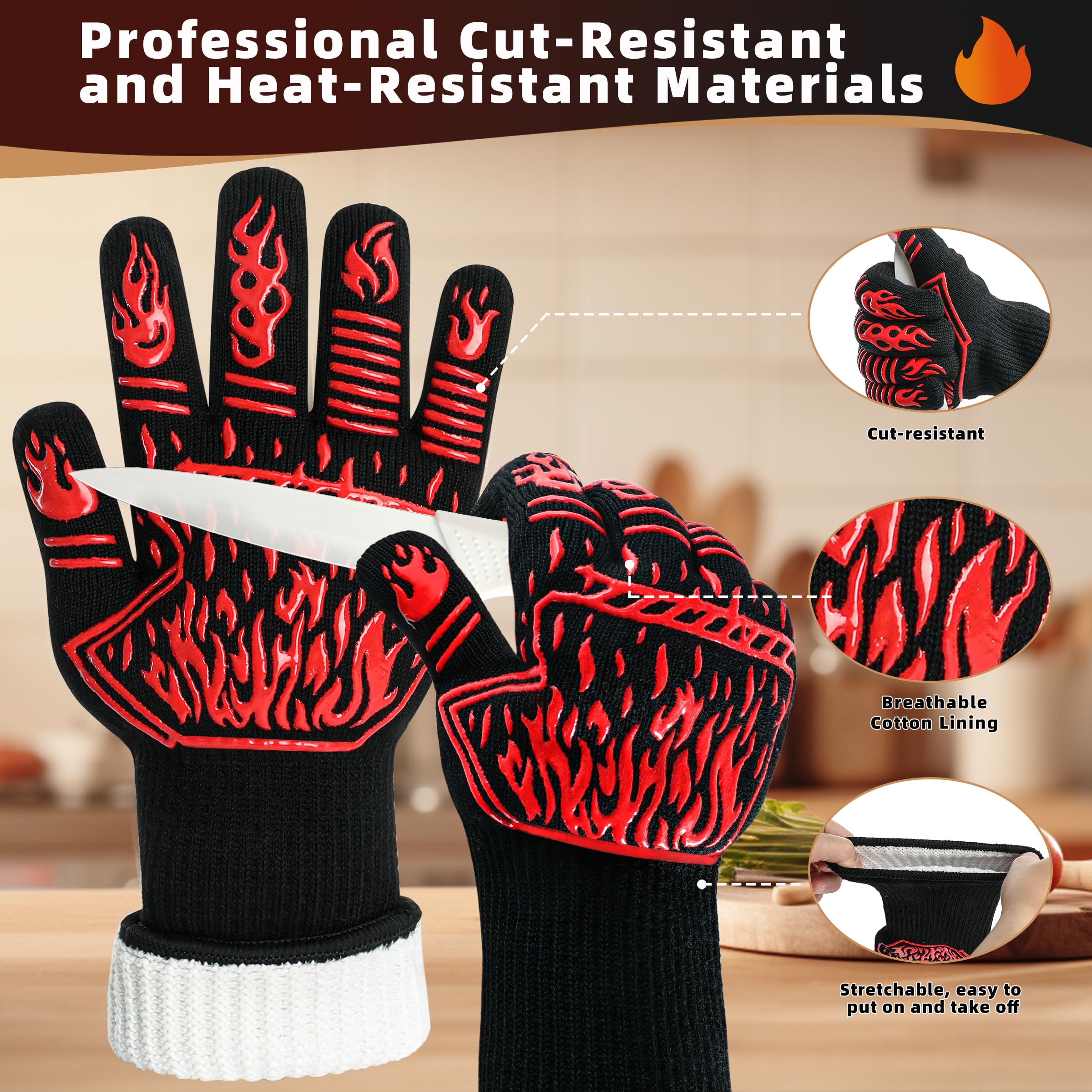 BHYTAKI BBQ Gloves have long cuffs to protect wrists during grilling.