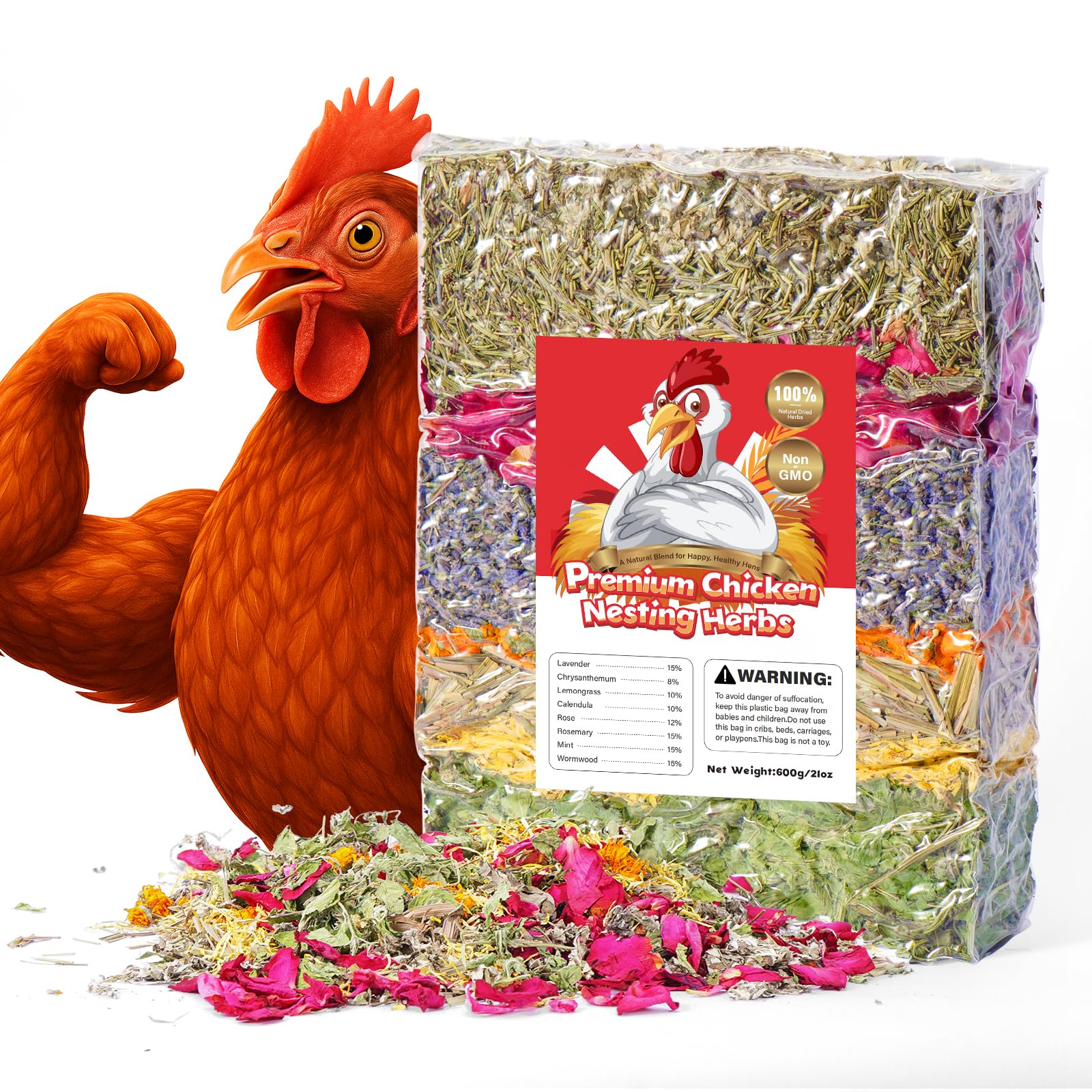 Bicrown packaging for 21oz chicken nesting herbs for easy storage and use.