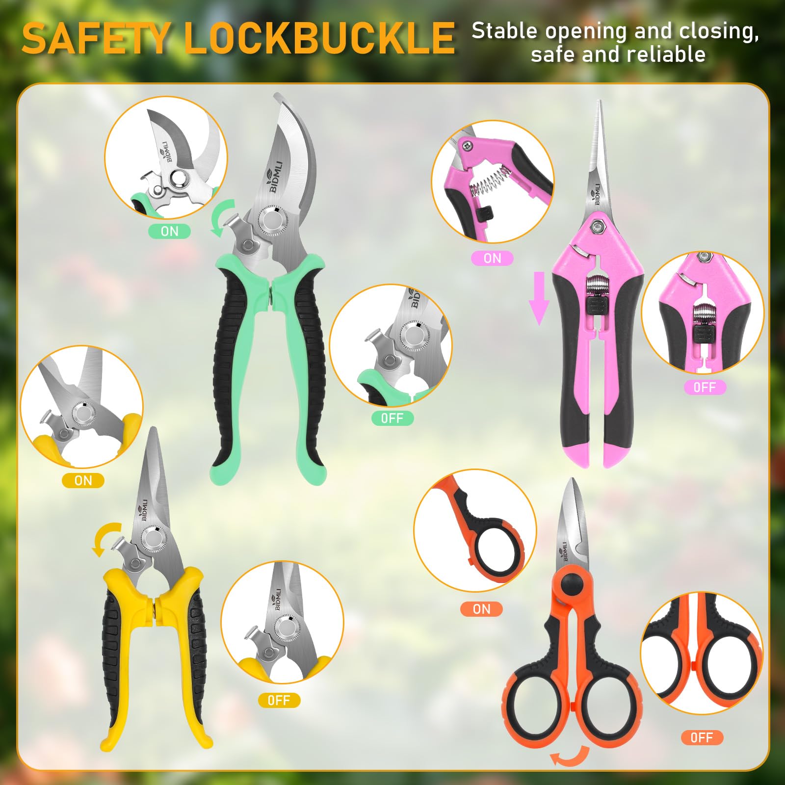 BIDMLI garden scissors safety lock keeps blades closed when not in use.