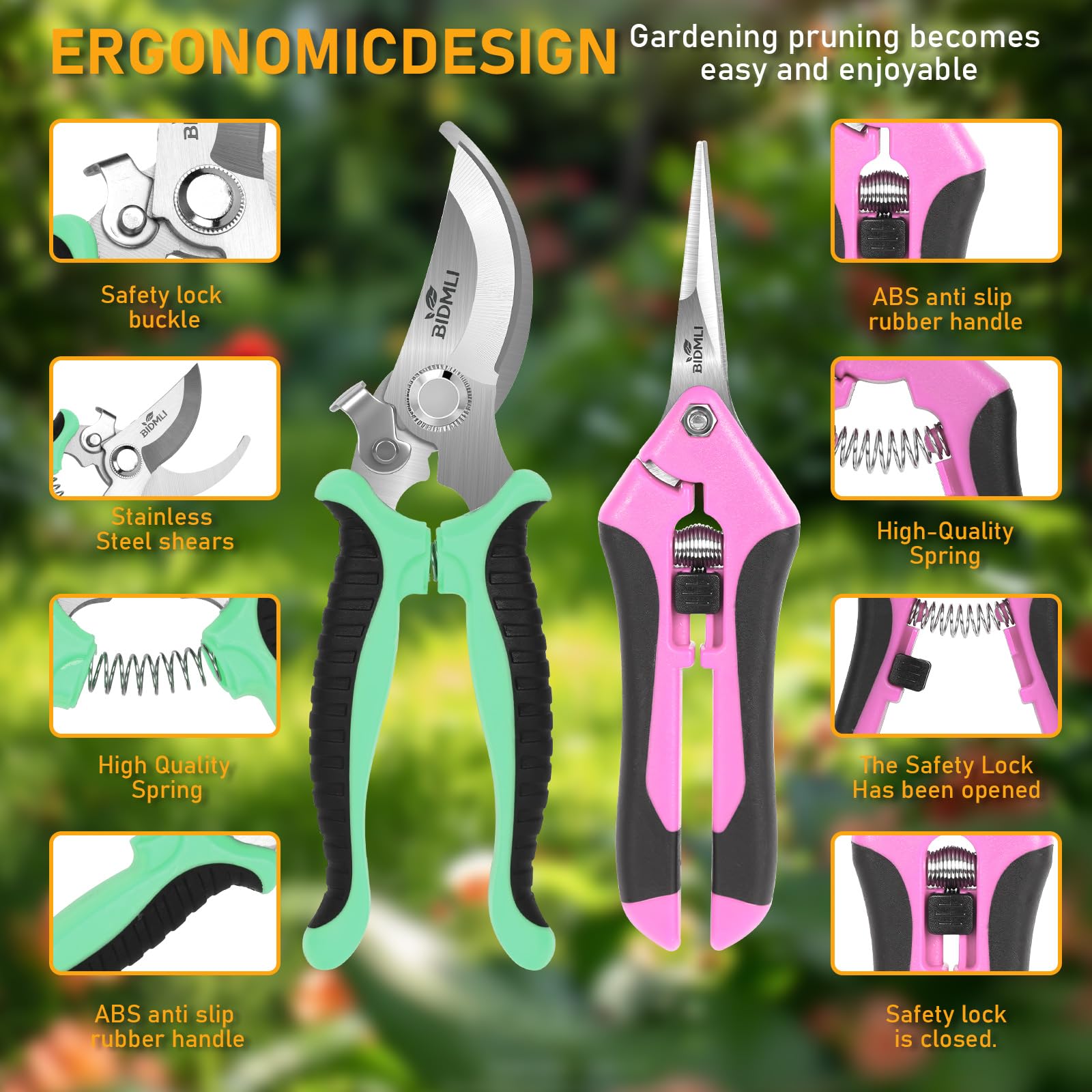 BIDMLI garden scissors spring mechanism aiding smooth opening to reduce hand fatigue.