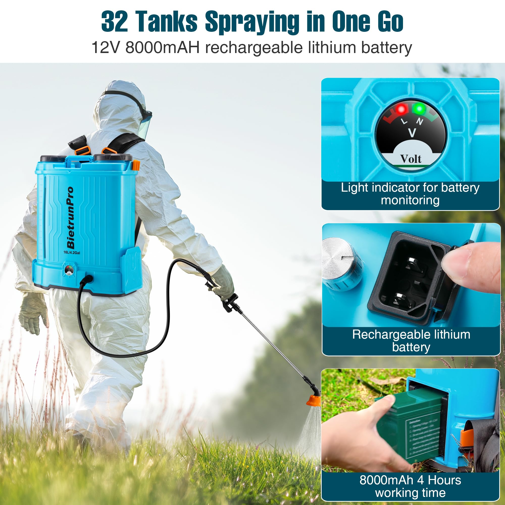 BietrunPro backpack sprayer battery charging image indicates quick recharge and ready-to-use power.