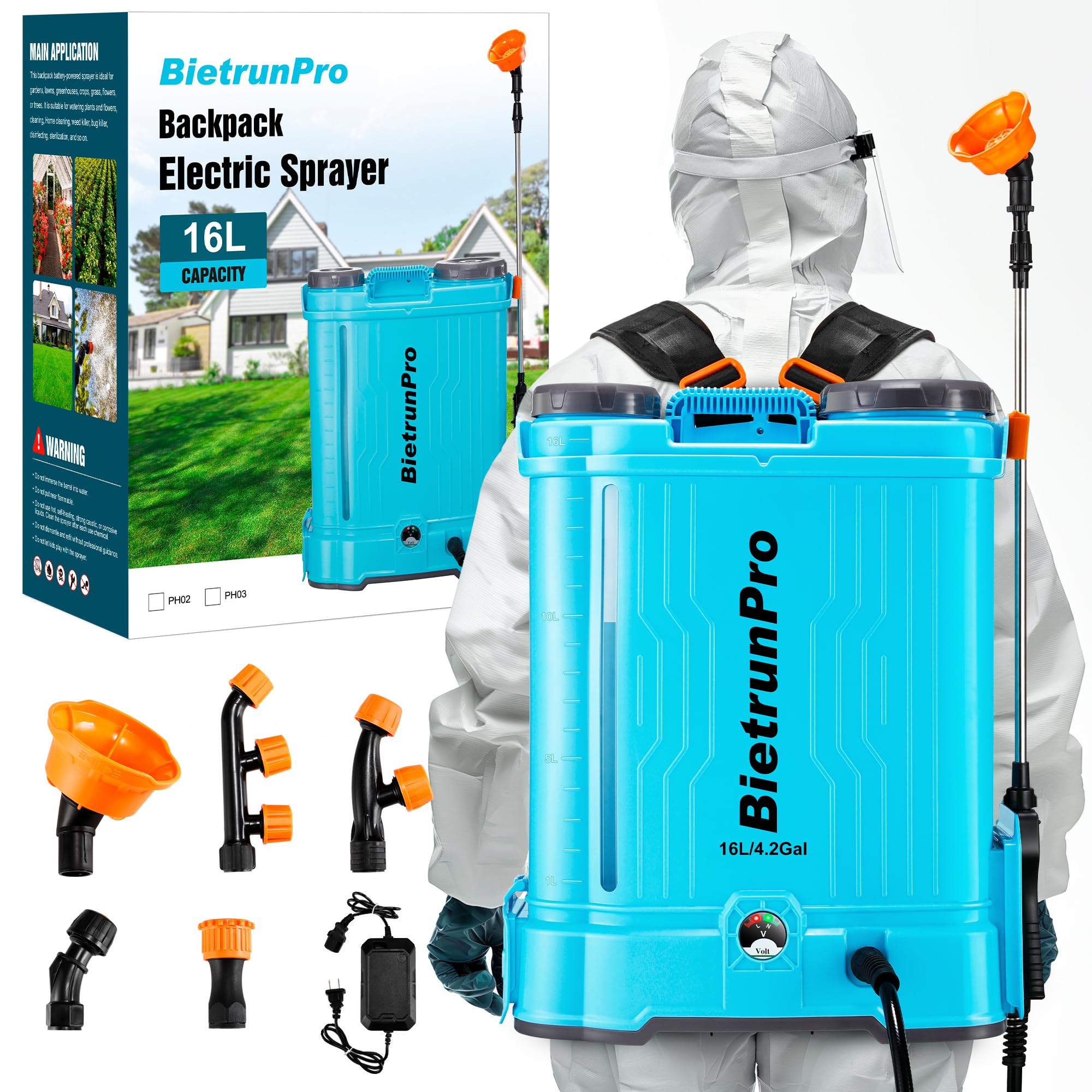 BietrunPro backpack sprayer front view highlights ergonomic design for comfortable all-day garden spraying.