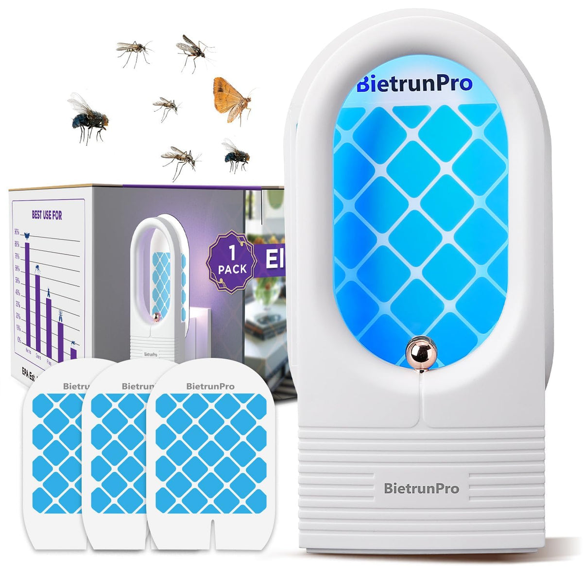 BietrunPro fruit fly trap front view with UV/Blue light attracting indoor pests