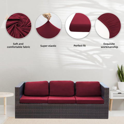 BIETYONE wine red outdoor cushion cover on a patio sofa.