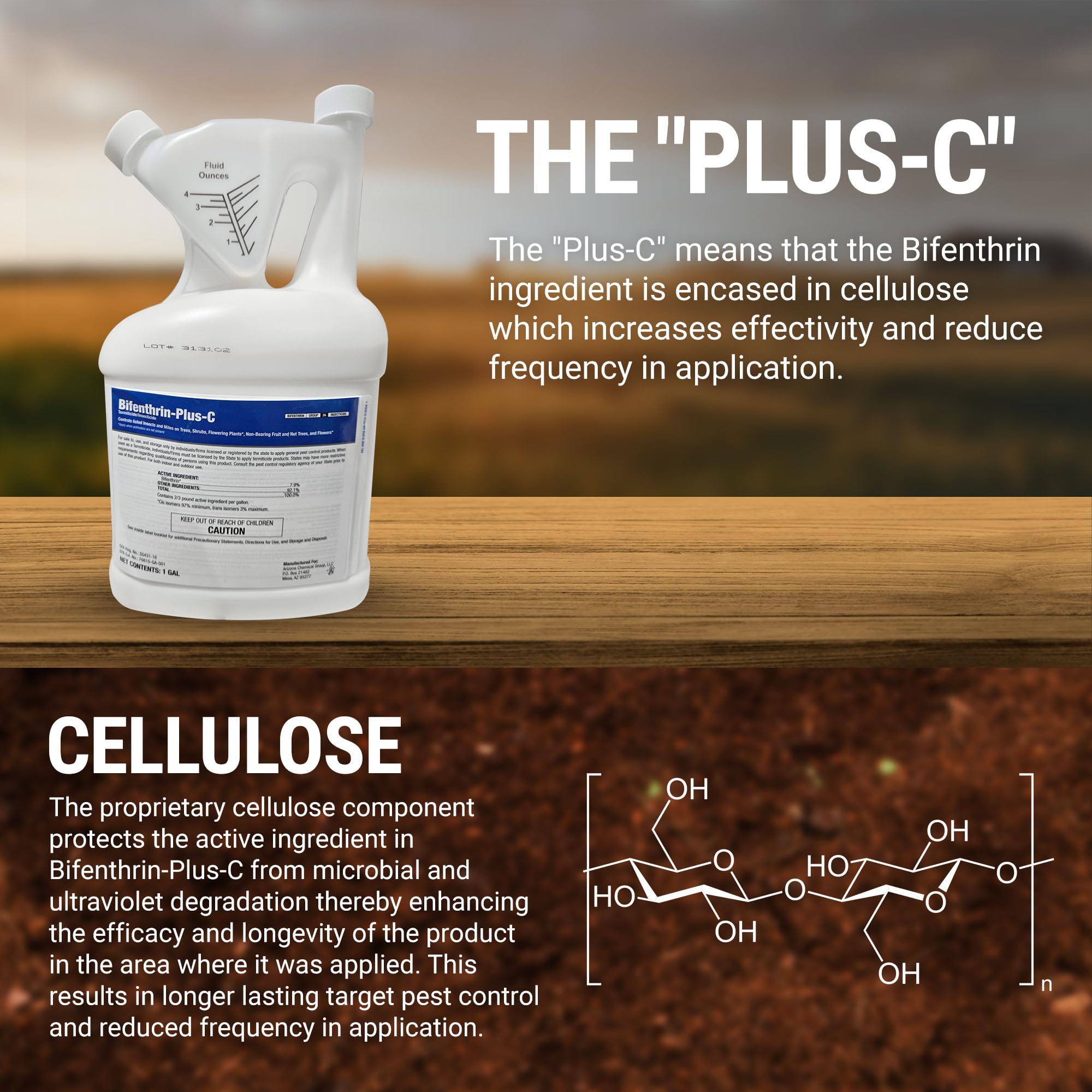 BIFENTHRIN-PLUS-C bottle-pour shows easy mixing for termite treatment and ant extermination.