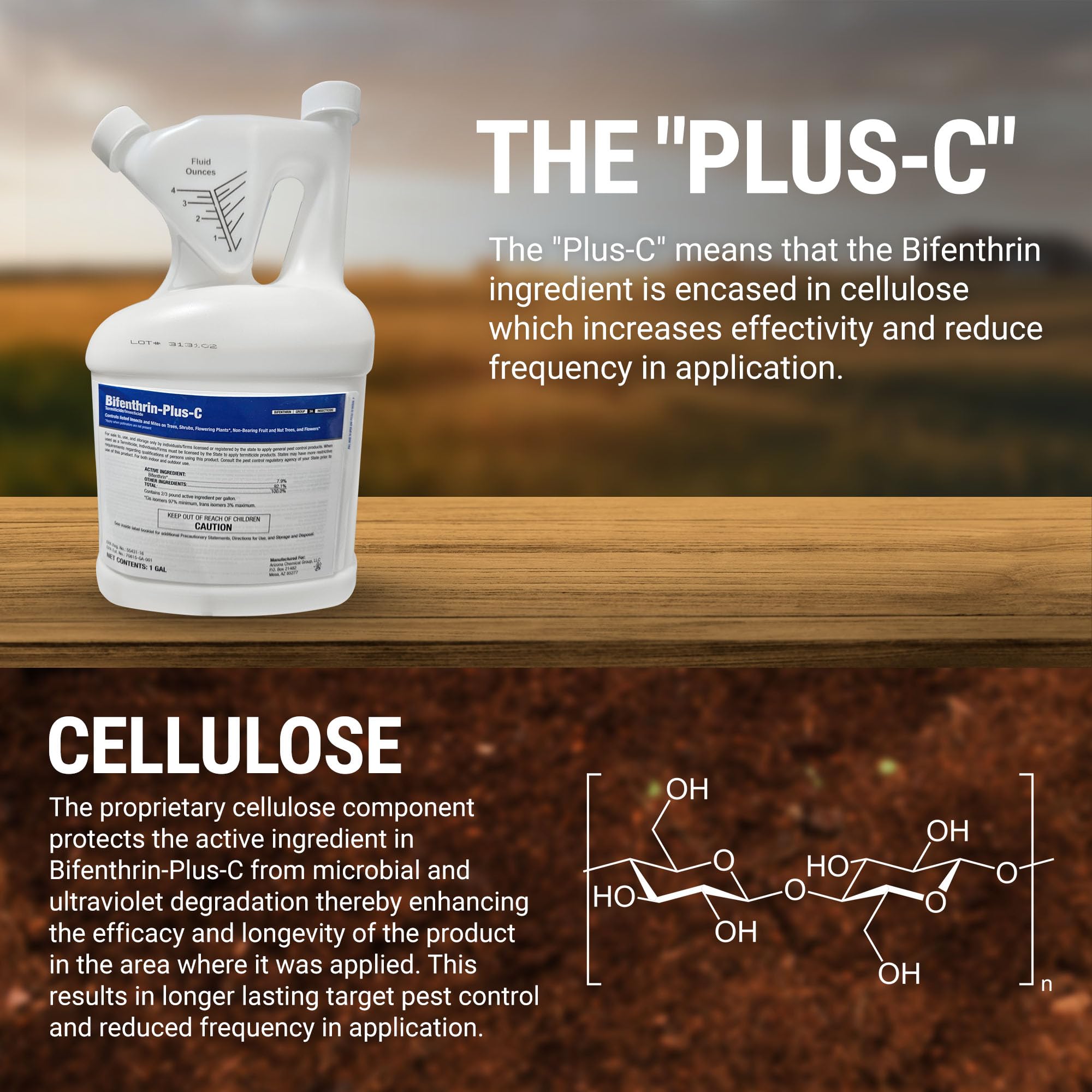 BIFENTHRIN-PLUS-C bottle pour demonstrating easy dilution for home pest management.