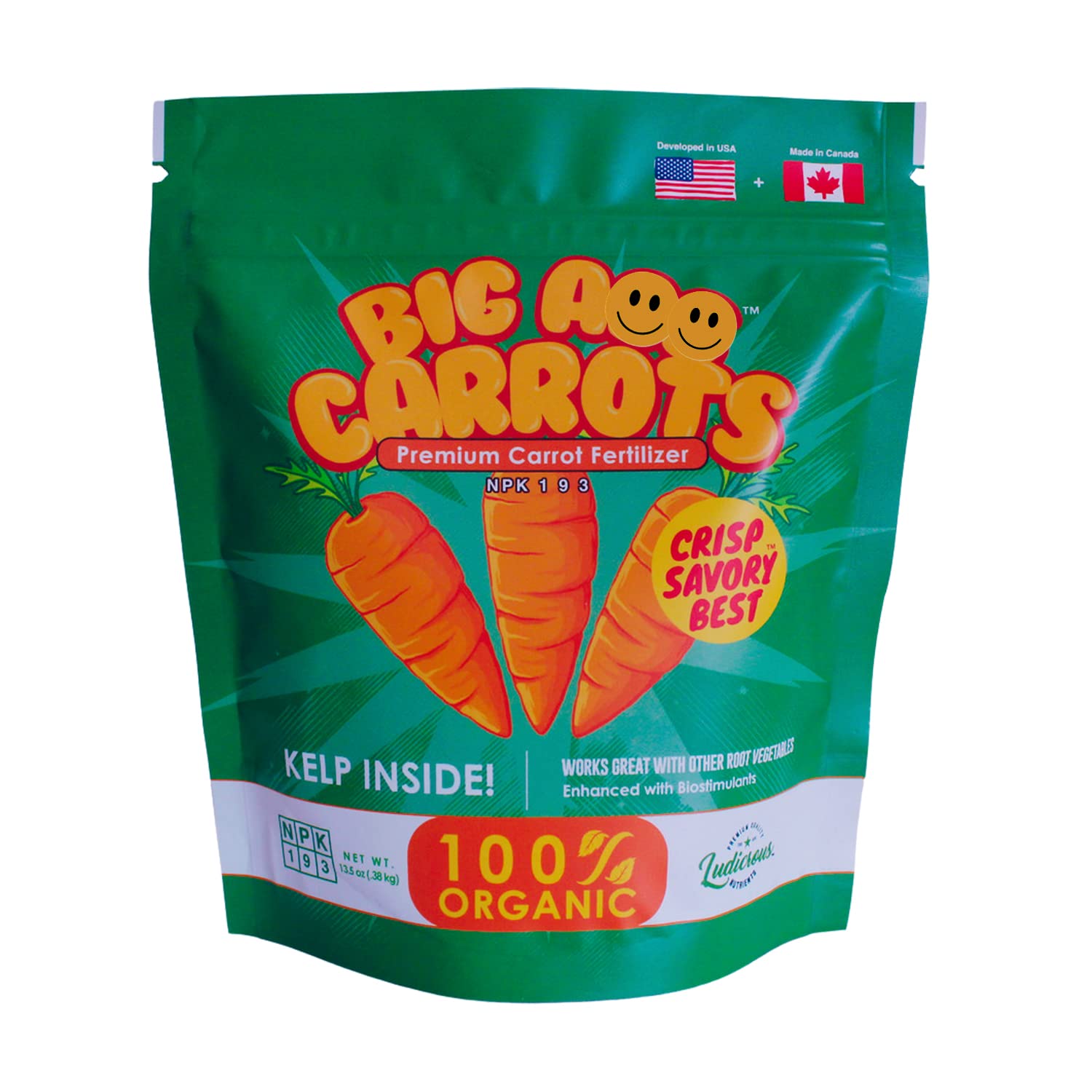 Big A Carrot Fertilizer bag closeup showing organic formula for strong carrot growth.