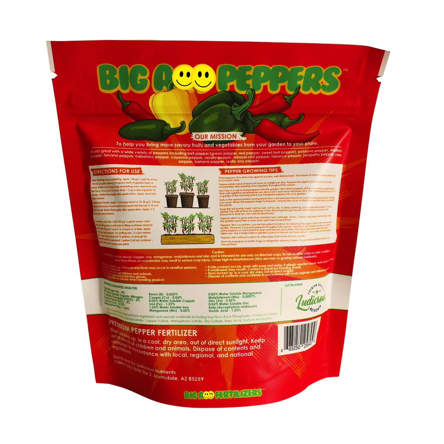 Big A Pepper Fertilizer package back details usage for outdoor peppers.
