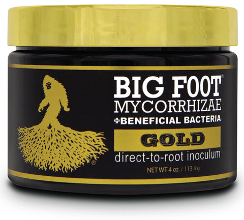 Big Foot Gold bottle label highlights premium mycorrhizal fungi for healthier roots
