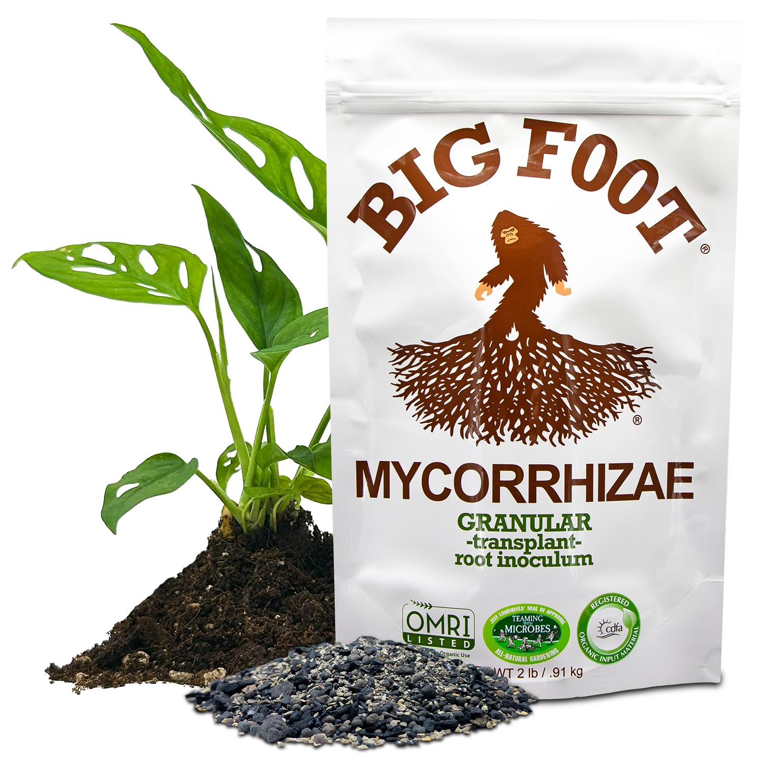 Big Foot Mycorrhizal Granular packaging shows easy transplant support.