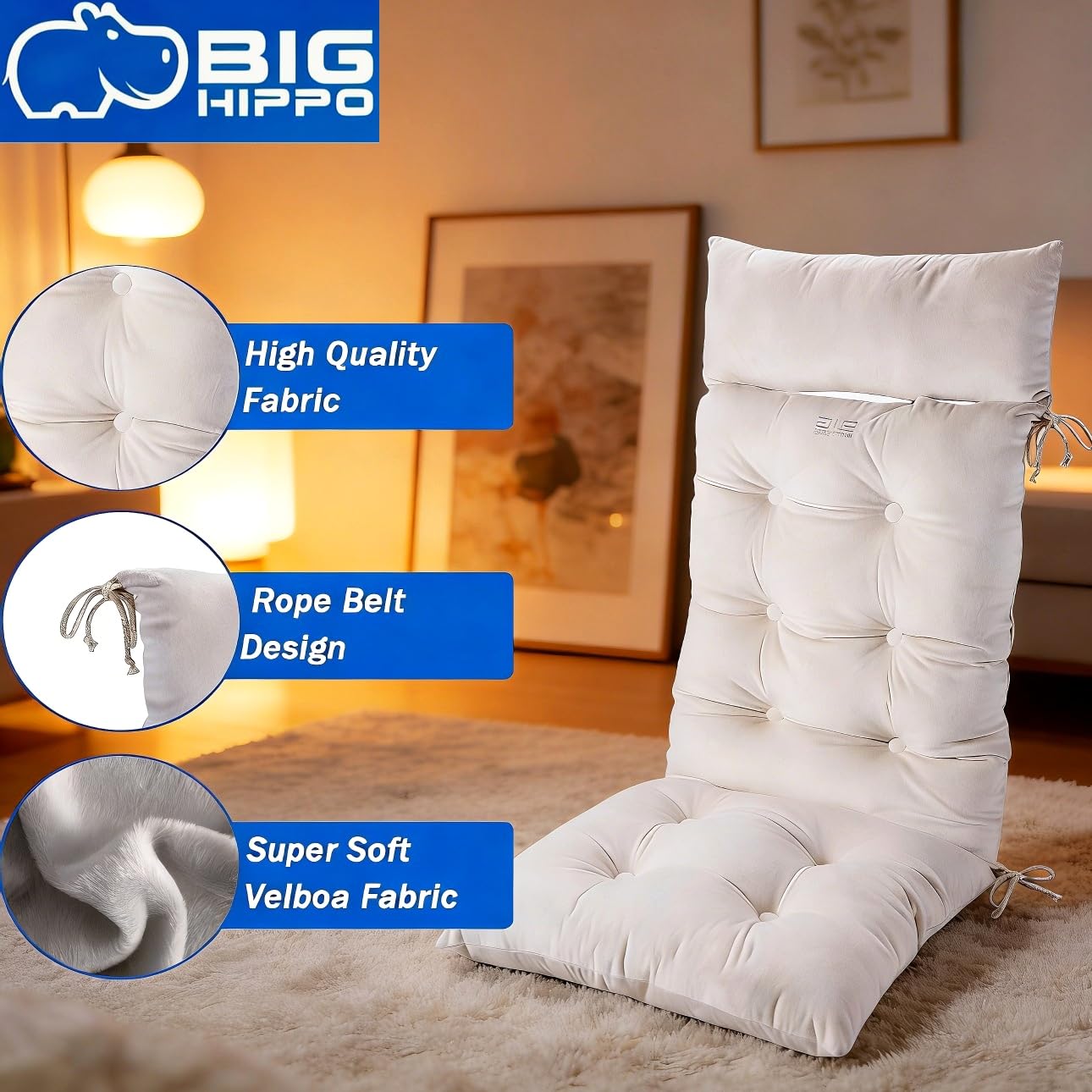 Big Hippo beige upholstery suits indoor and outdoor seating environments.