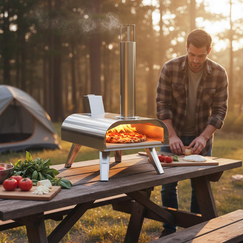 BIG HORN 12-Inch Pizza Oven backyard-use with family enjoying pizza