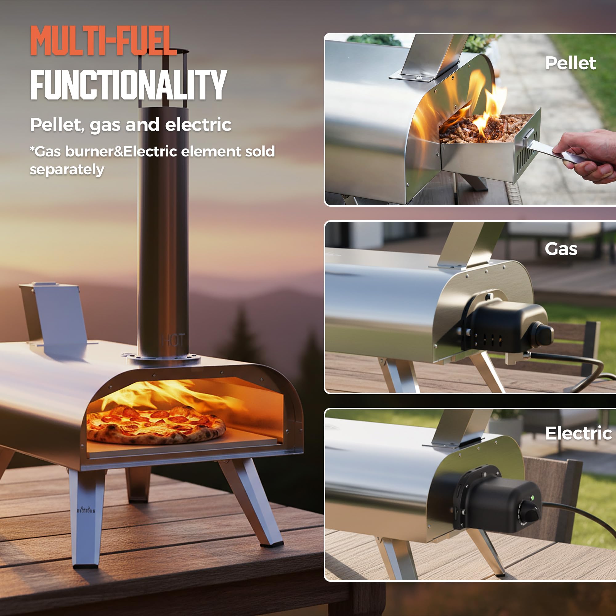 BIG HORN 12-Inch Pizza Oven pellet-mode setup ready for hardwood fuel