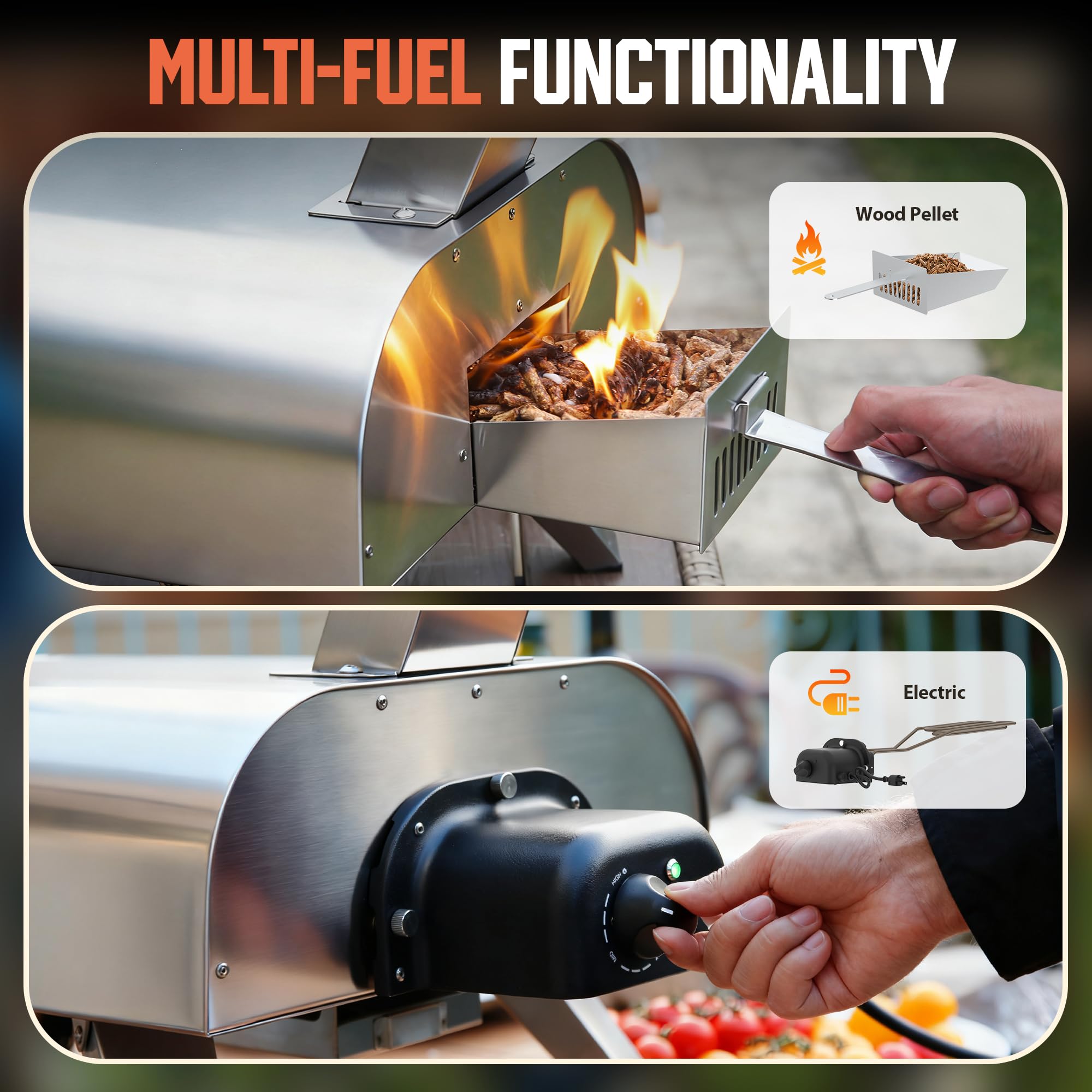 BIG HORN Outdoors 12inch dual fuel pizza oven pellet hopper closeup demonstrates refuel ease