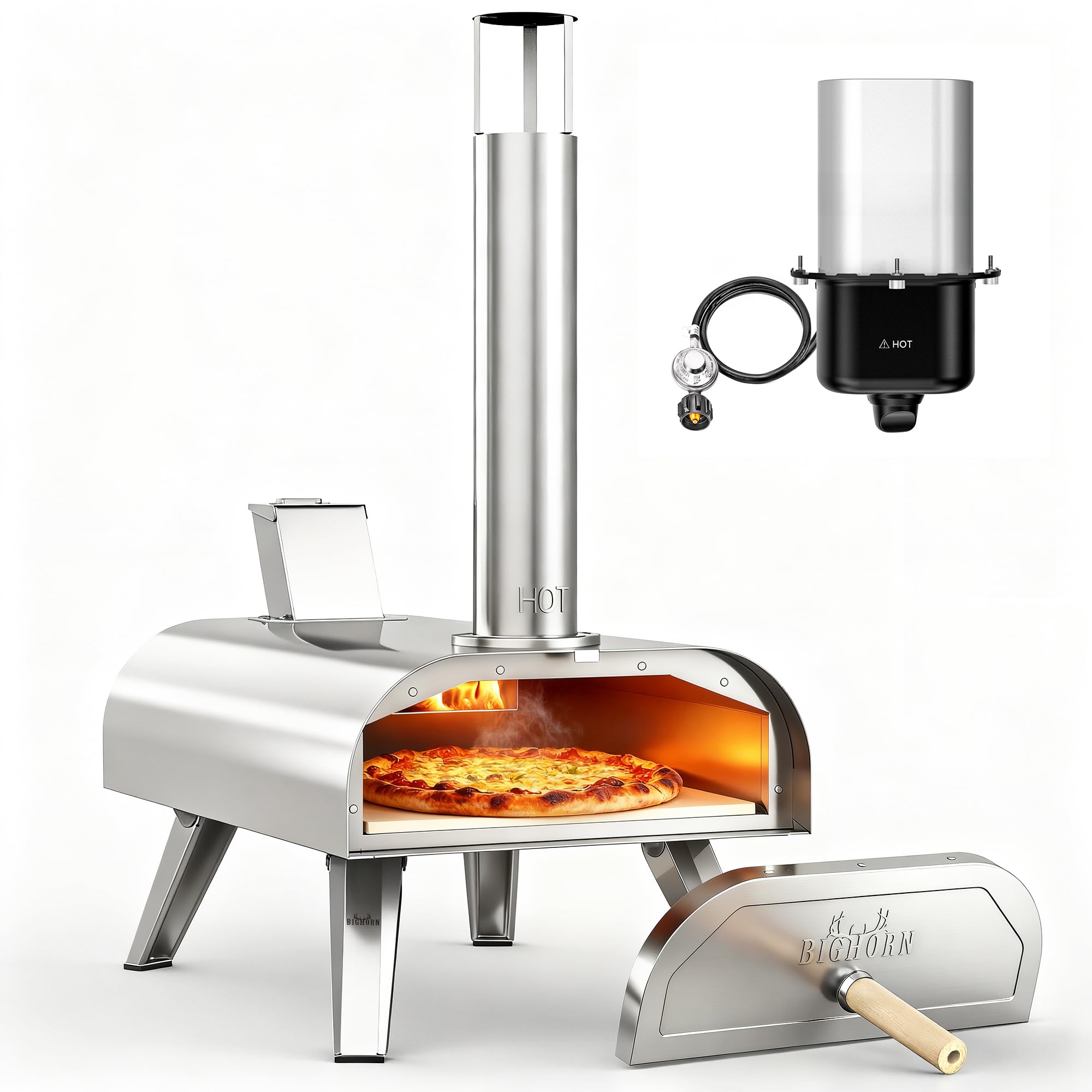 BIG HORN Outdoors 12-inch pizza oven front view, compact and portable for backyard cooking