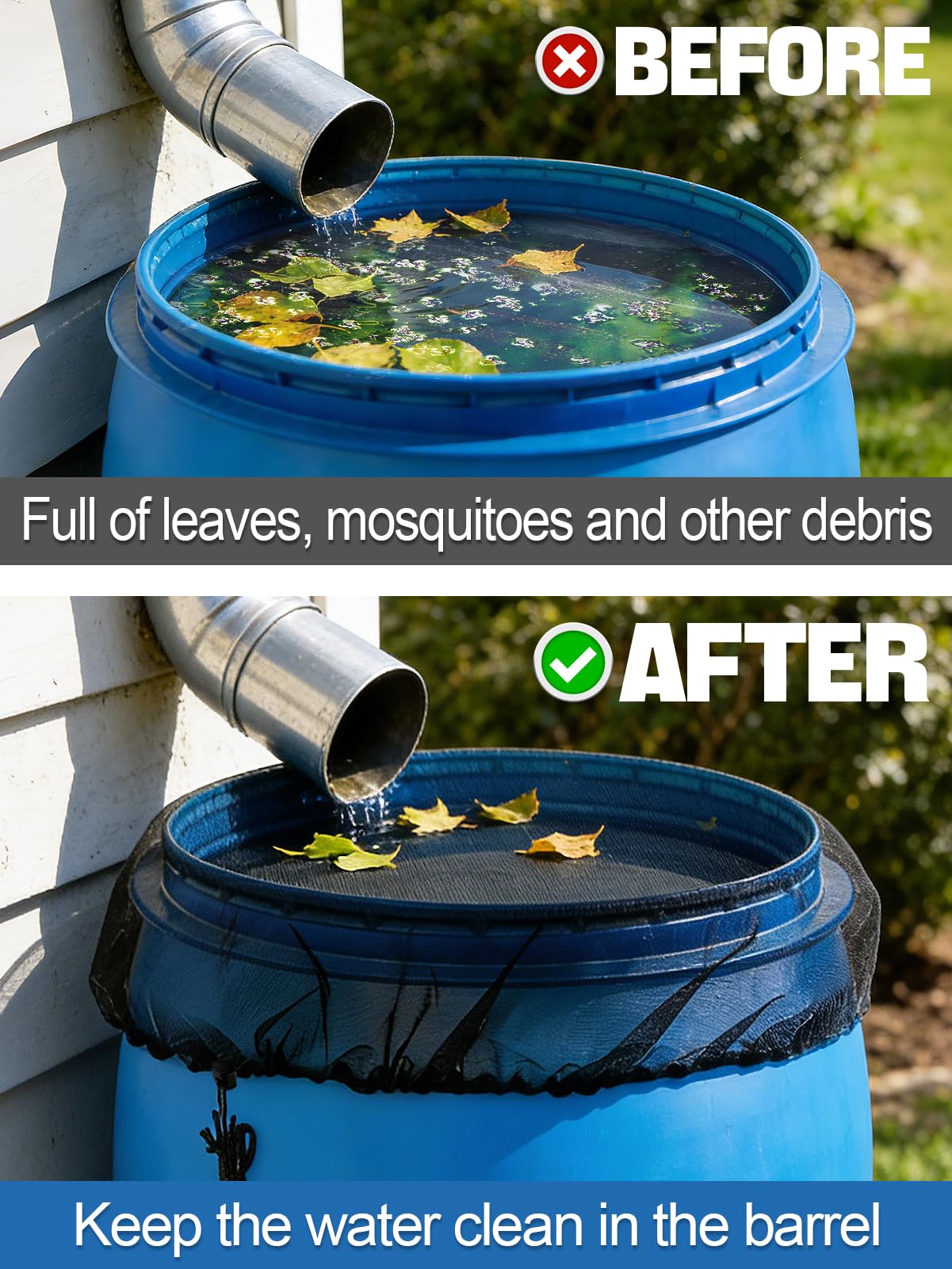 Biggun rain barrel mesh cover with drawstring secures fit against wind