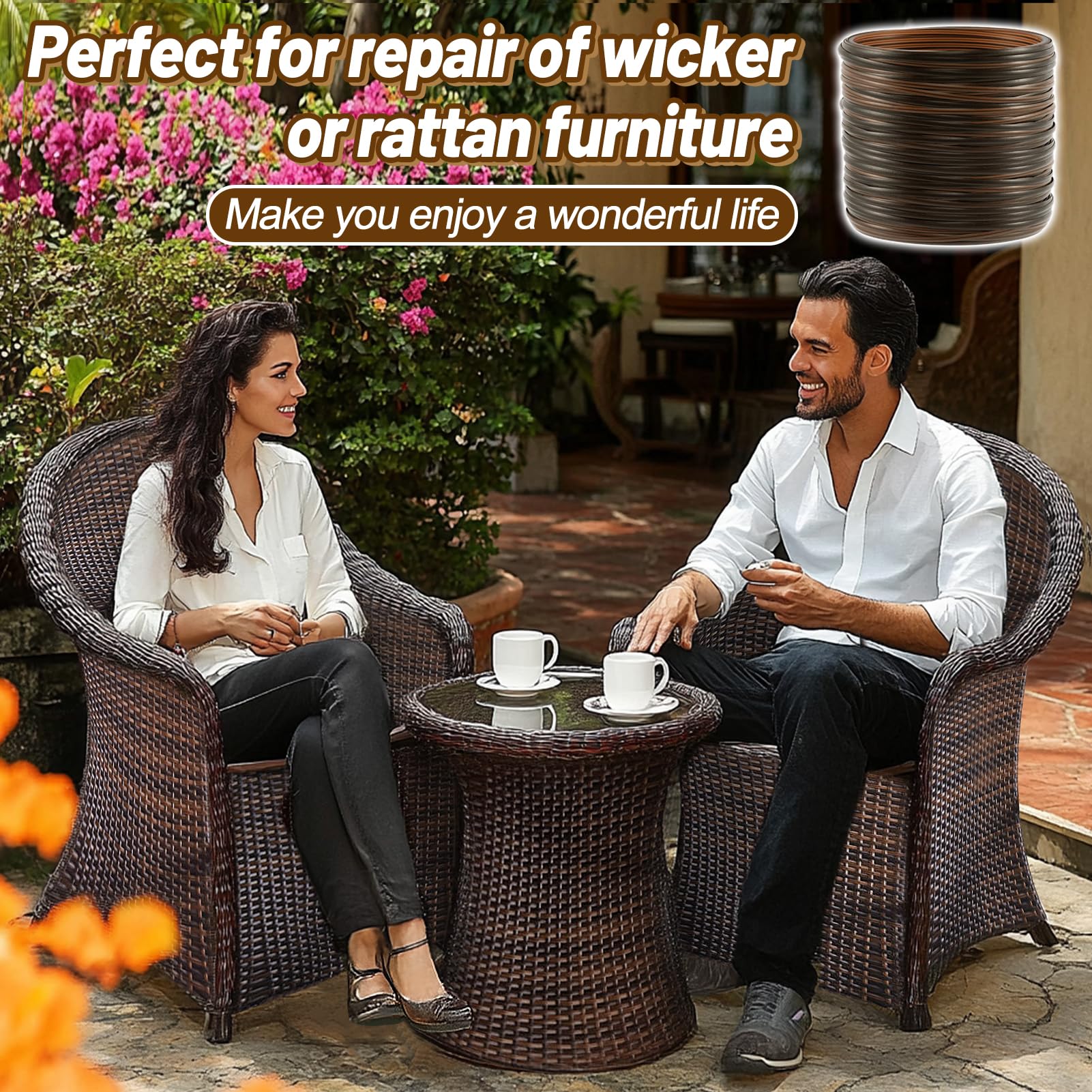 Biggun repair kit applied to wicker chairs and sofas for quick fixes