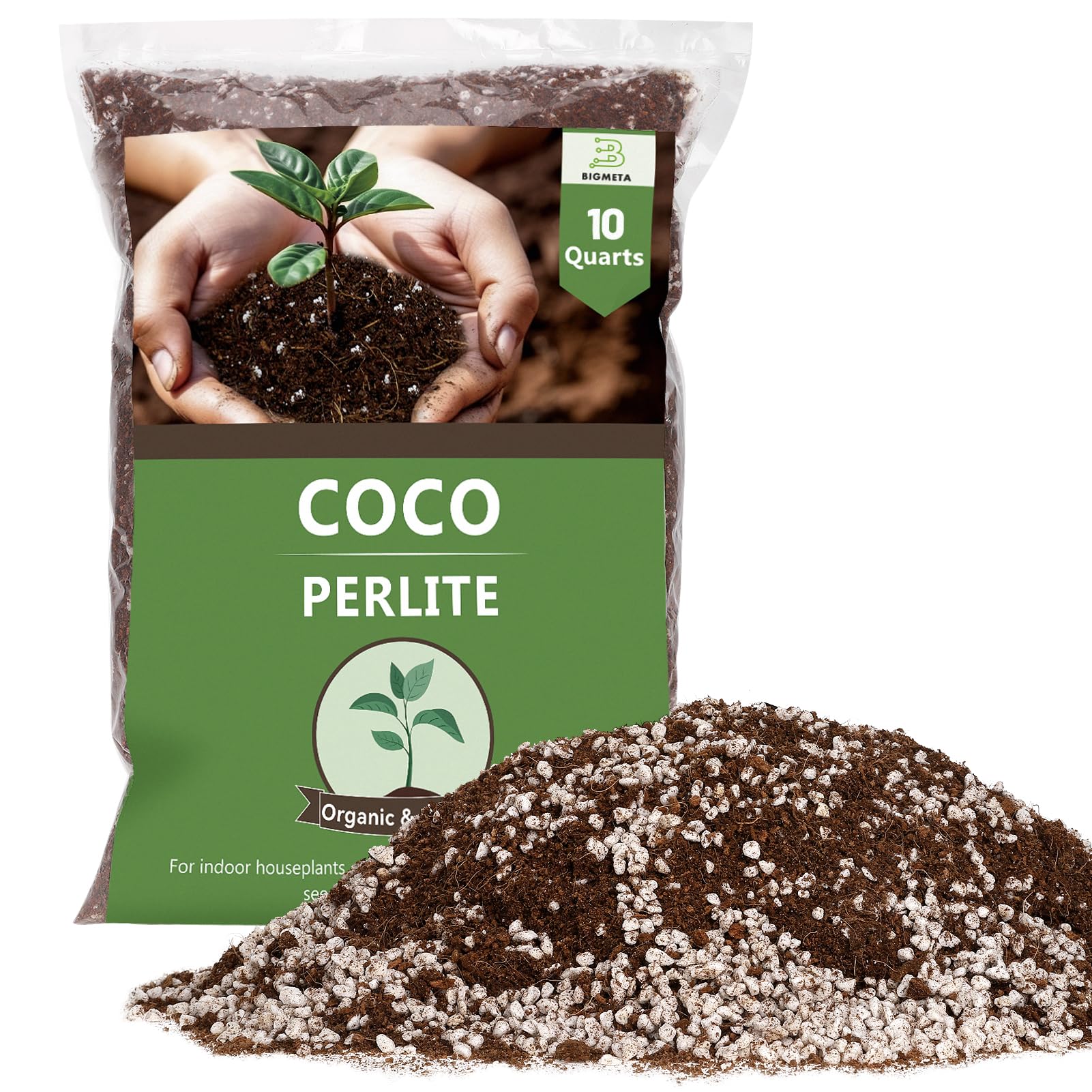 Bigmeta Coco Coir Perlite Mix packaging showcases convenient ready-to-use soil