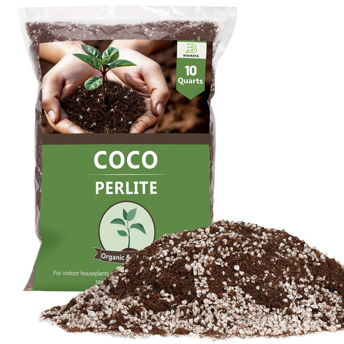 Bigmeta Coco Coir Perlite Mix packaging showcases convenient ready-to-use soil