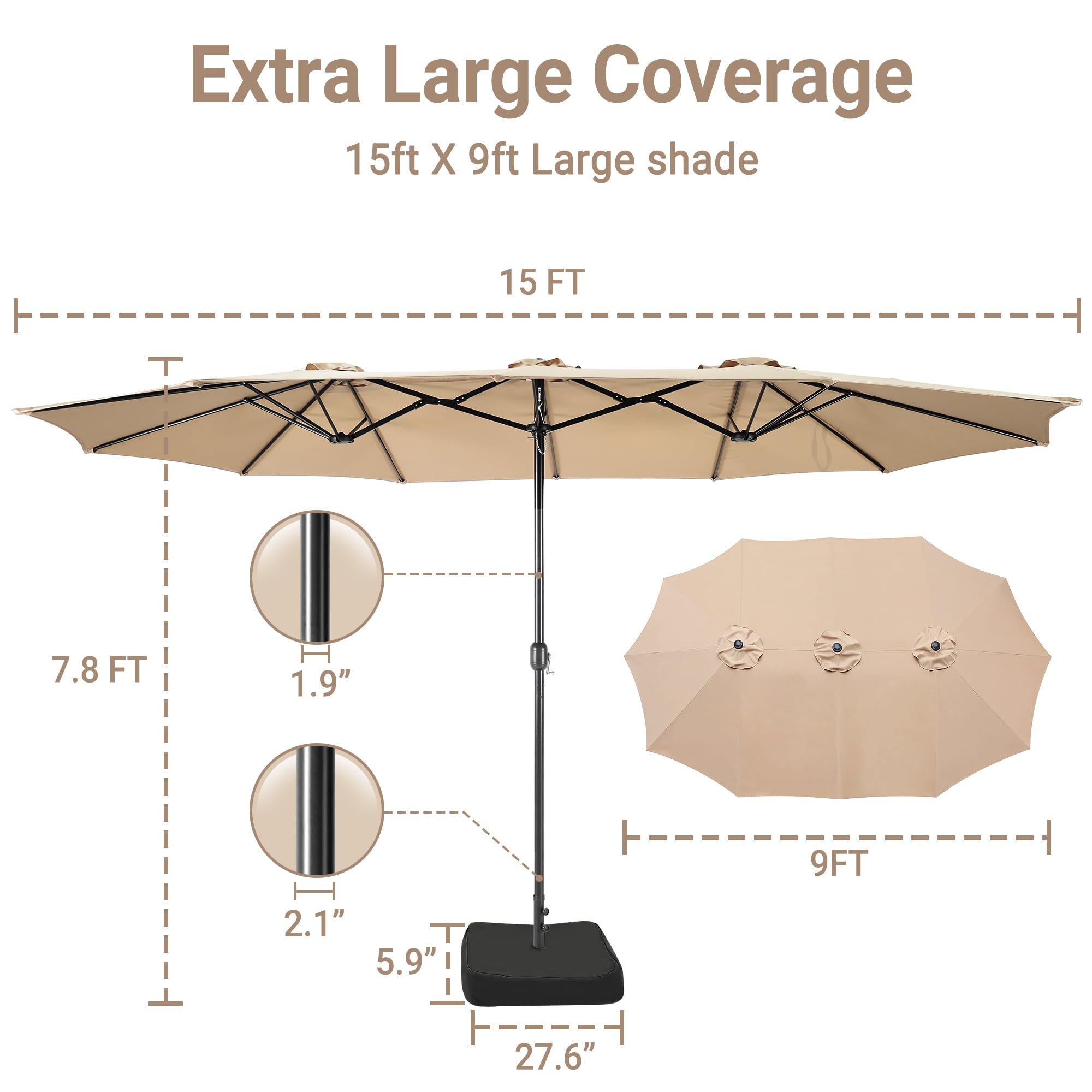 Top wind vents improve stability in breeze for Bigroof umbrella