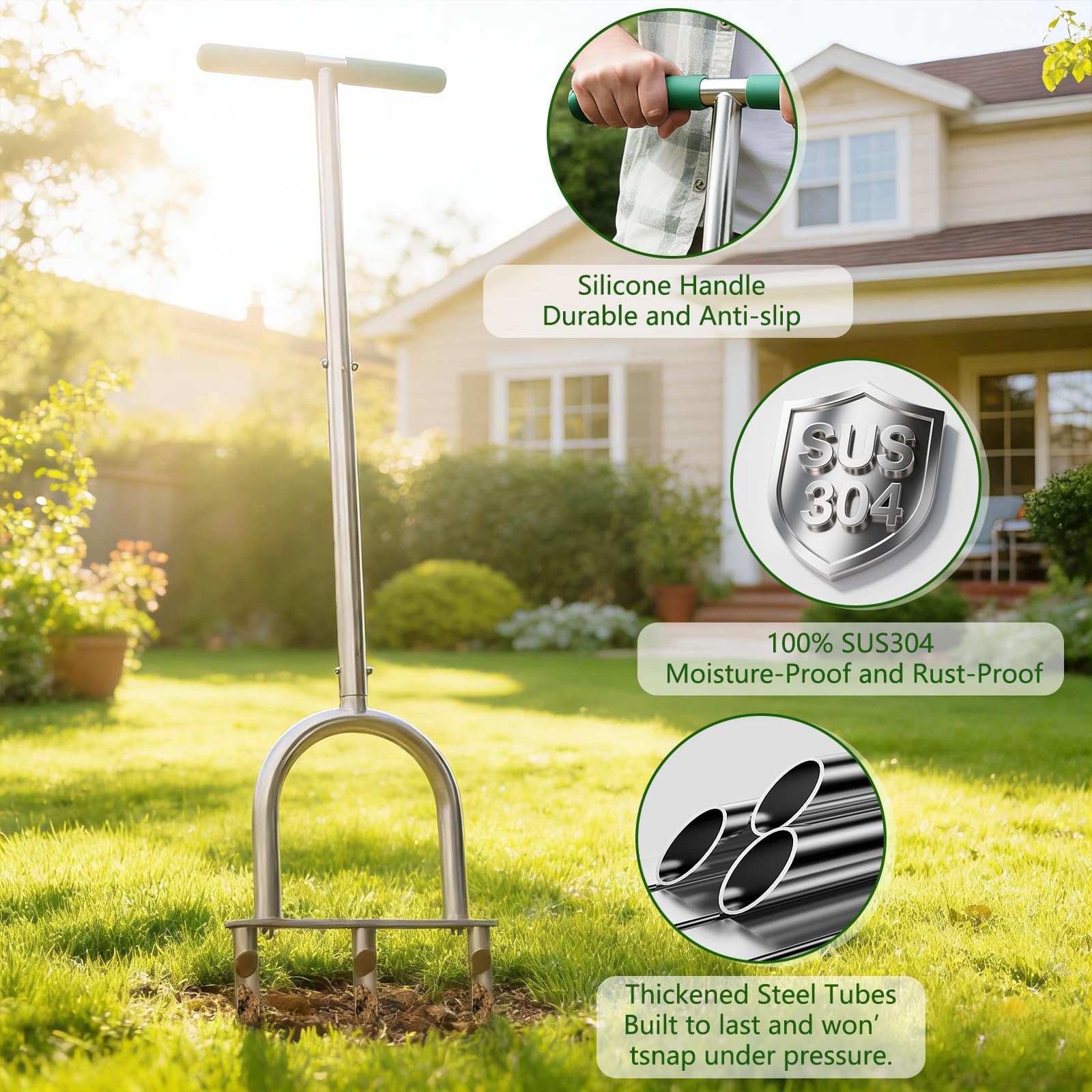 Bigwish lawn aerator with sturdy step bar for easier leverage during use.