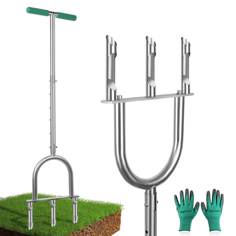 Bigwish manual lawn aerator with three hollow tines for deep soil relief.