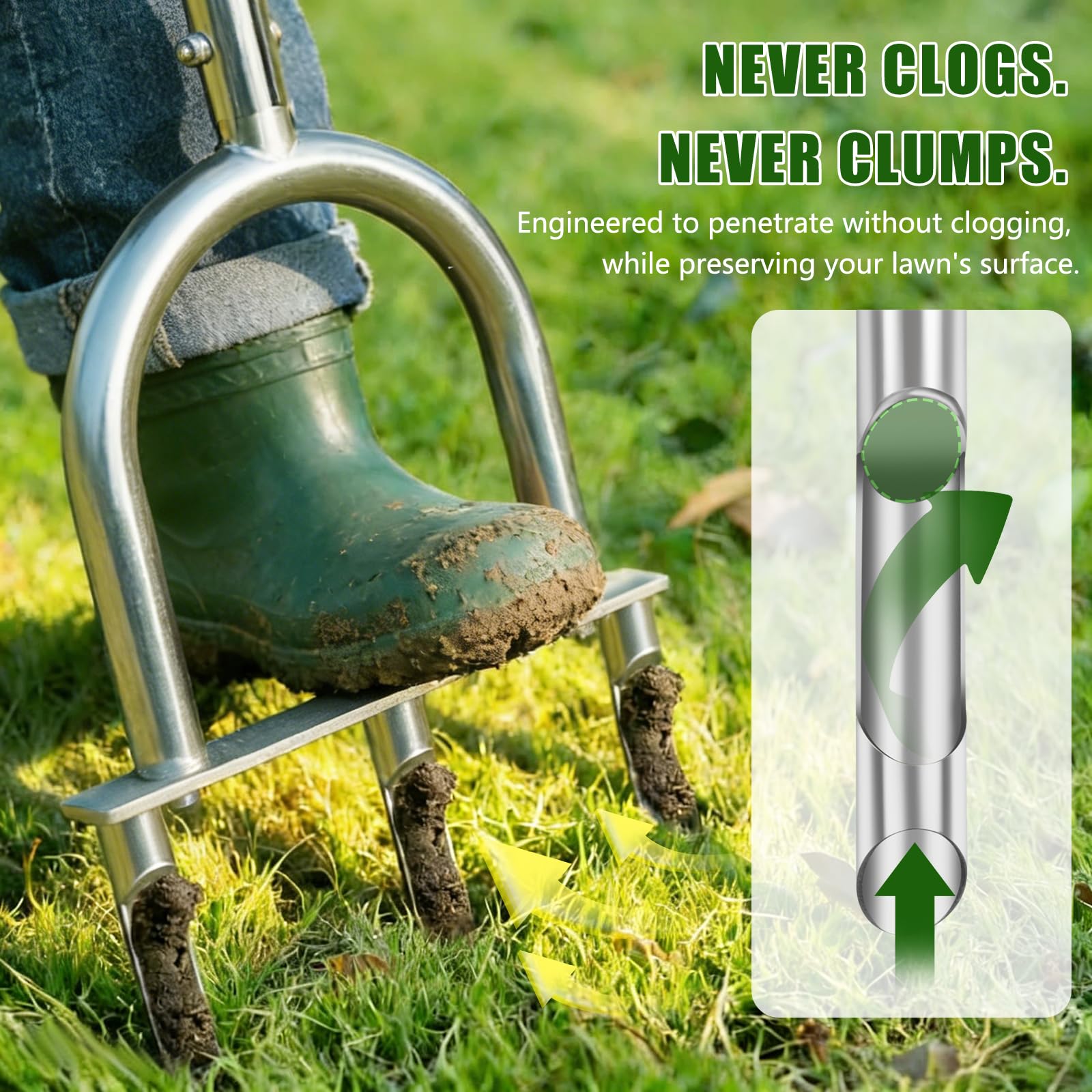 Bigwish manual lawn aerator showing adjustable-height handle for better posture.